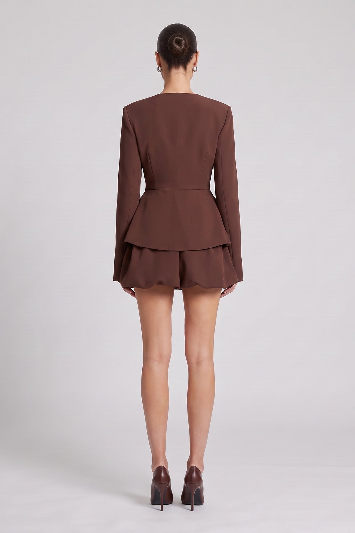 Brown Set with Structured Peplum Blazer and Balloon Skirt