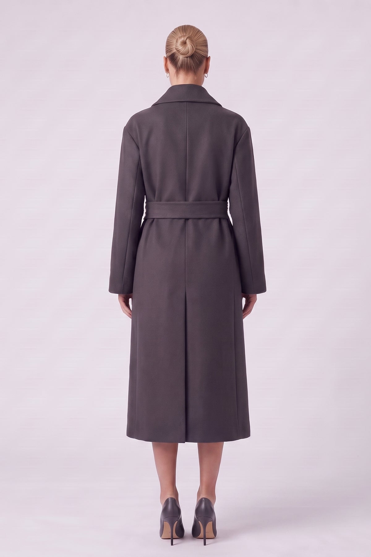 Long Wool Blend Coat with Rounded Lapels in Dark Grey