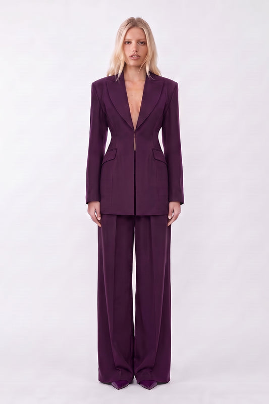 Plum-purple Suit with Balloon Blazer and wide leg trousers
