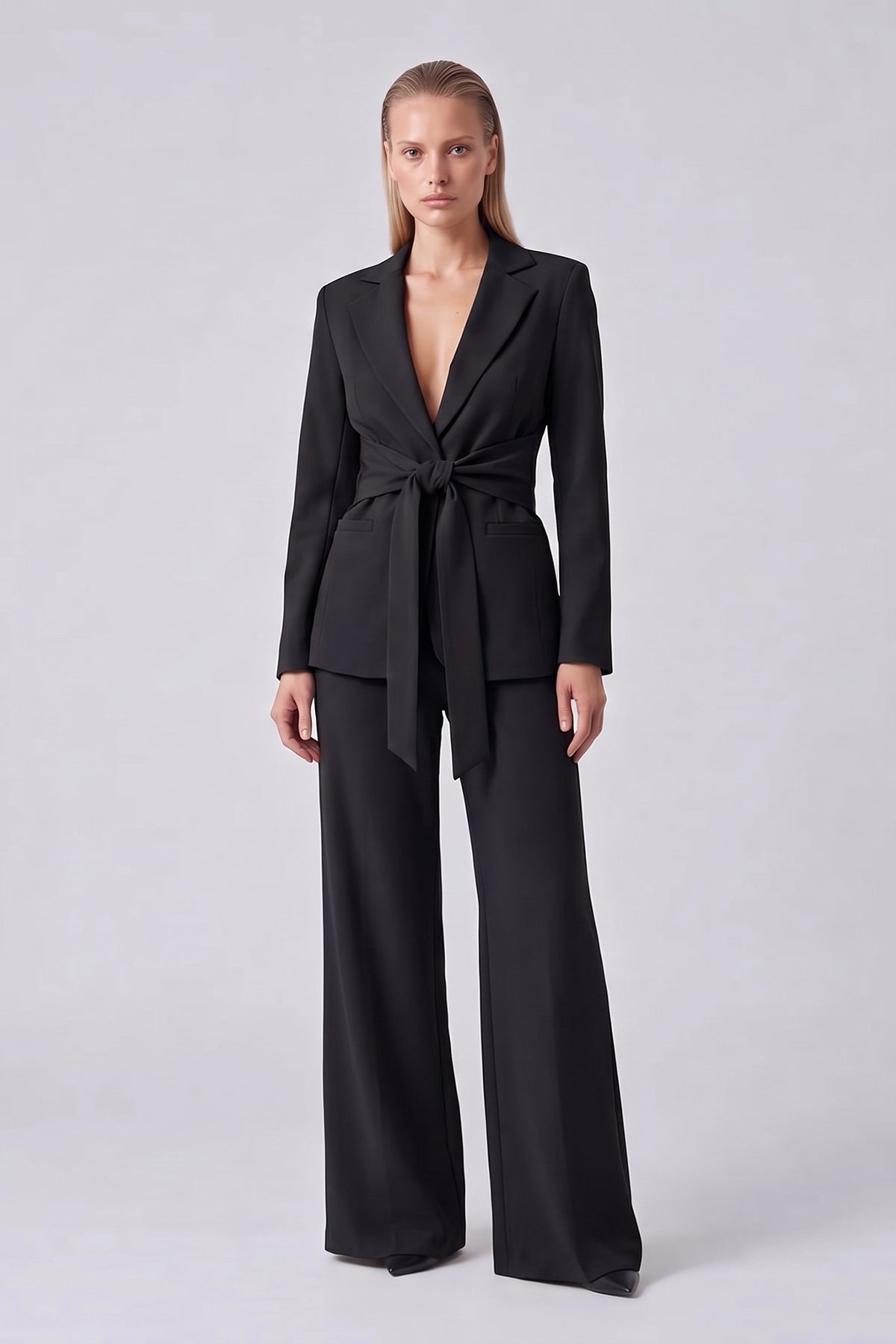 Black Suit with Belted Blazer and Wide-Leg Trousers