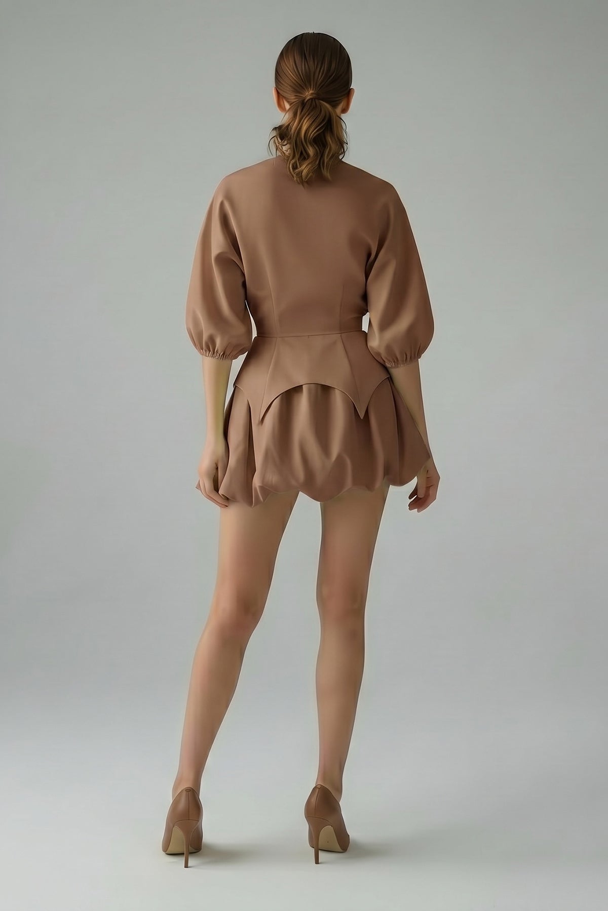 Light Brown set with structured top and balloon mini skirt