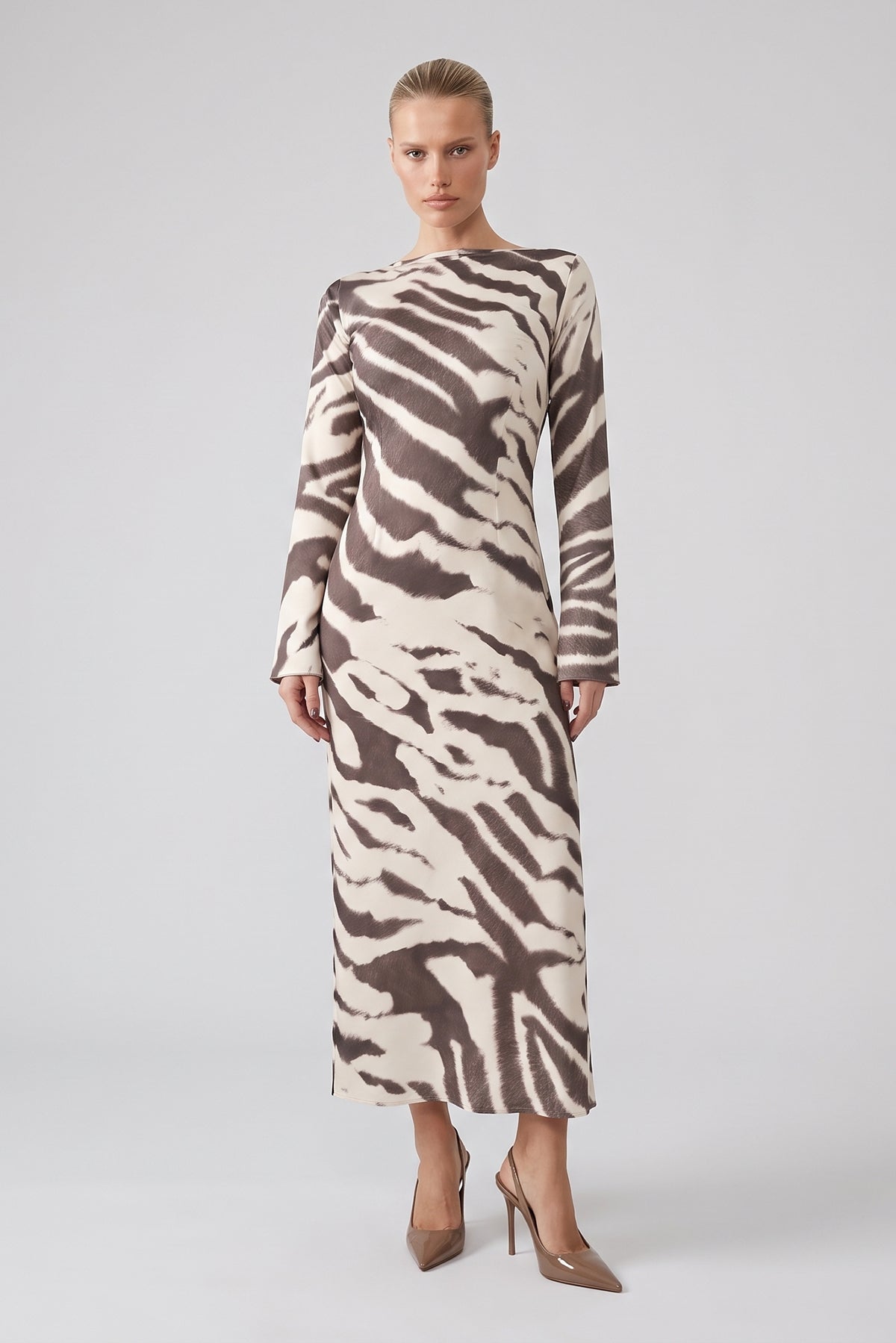 Rochie Midi cu Imprimeu Zebra și Mâneci Evazate