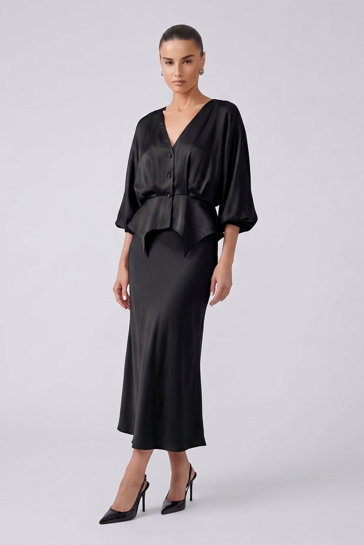 Black Satin Viscose Peplum Blouse & Midi Skirt Set