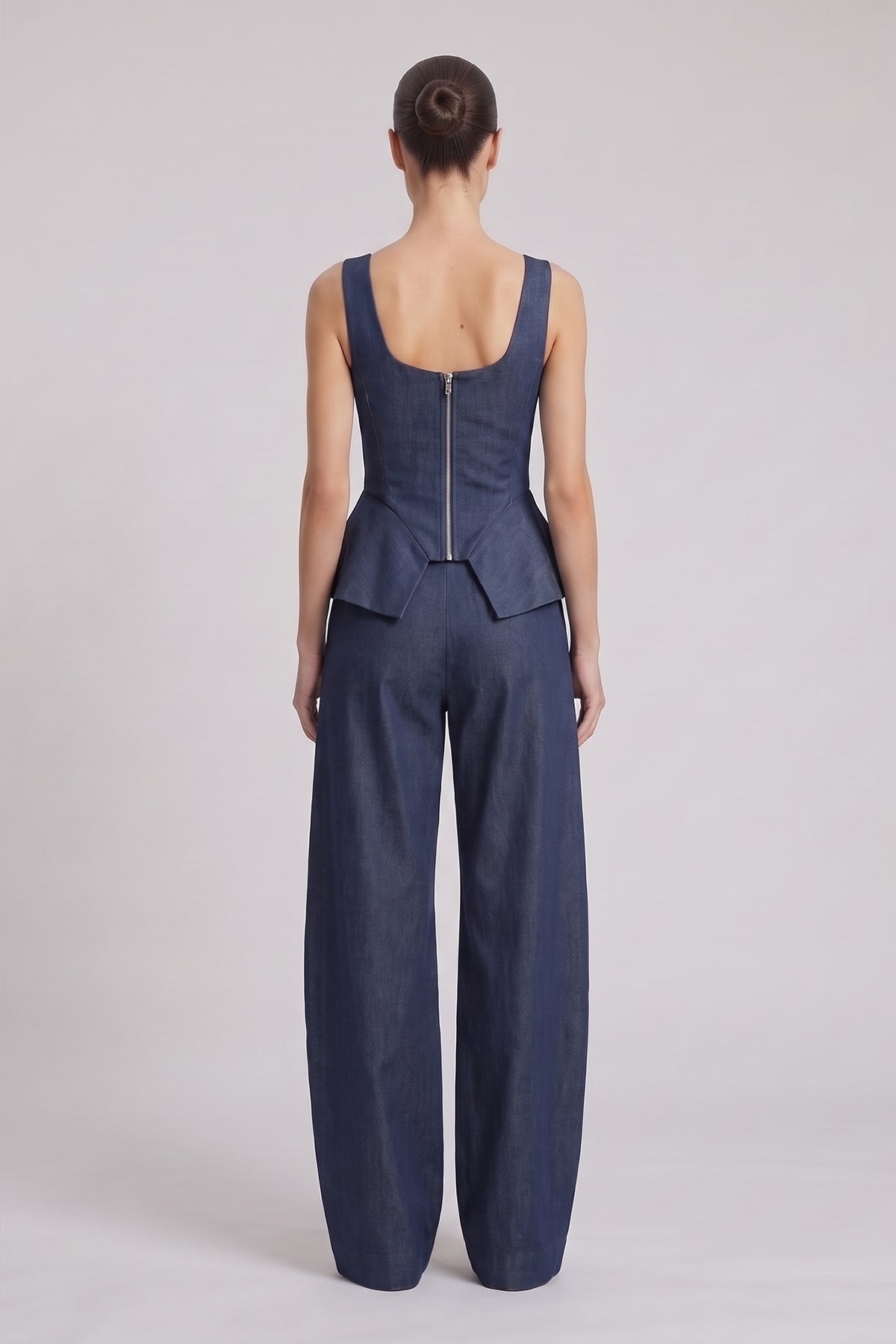 Denim Structured Corset & Balloon Trousers Set - Navy