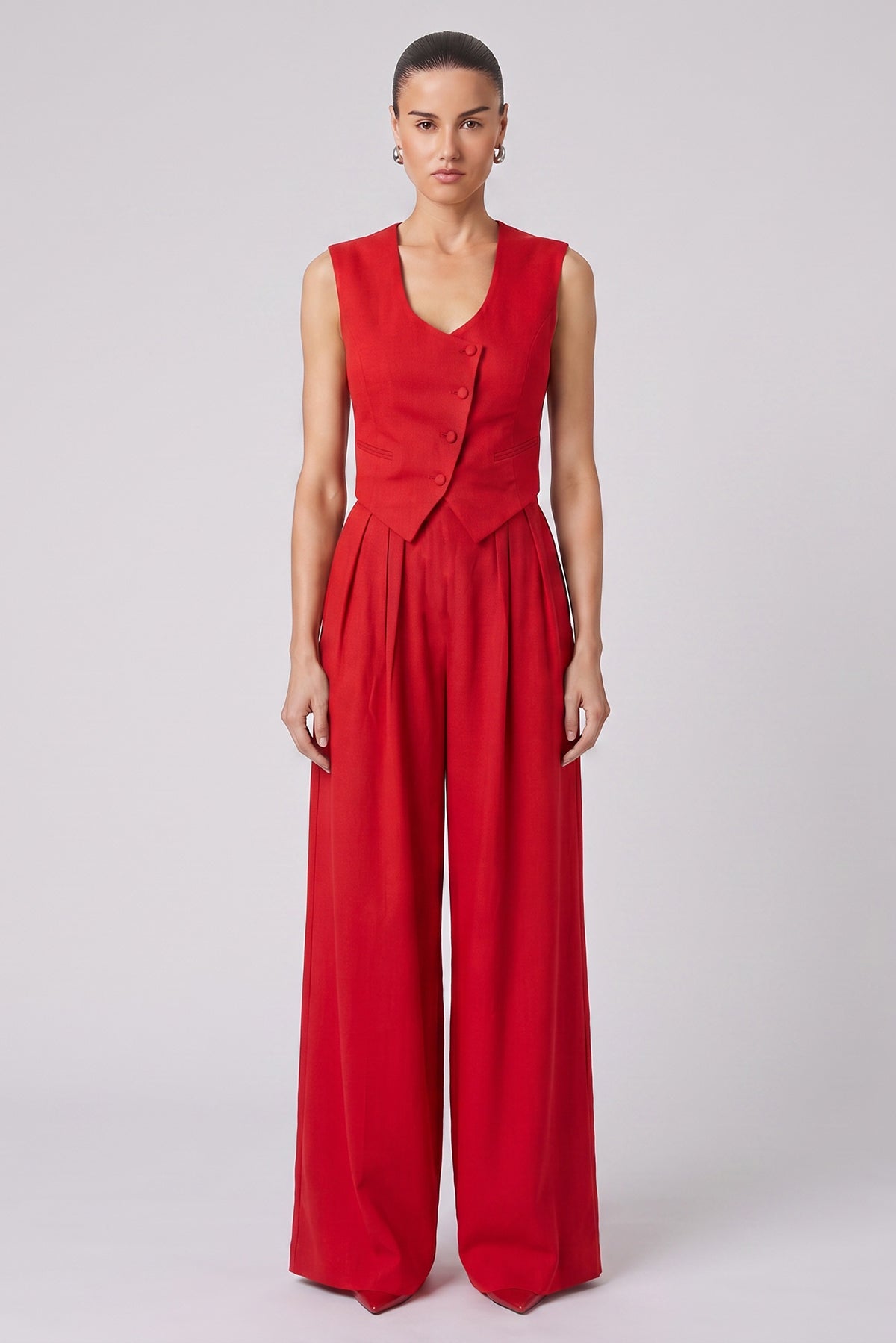 Red Linen Set with Fitted Vest and Wide-Leg Trousers