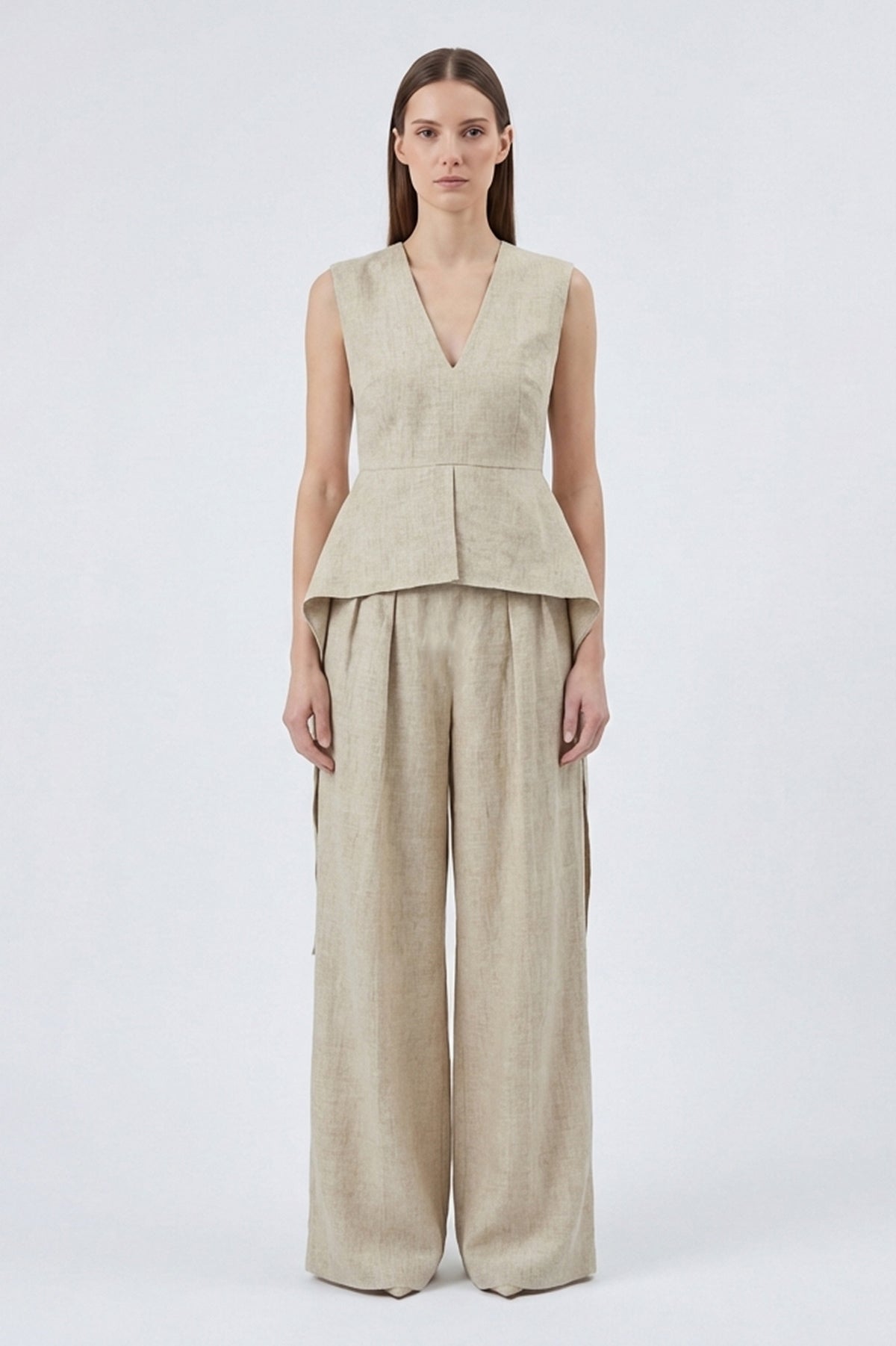 Beige Linen Peplum Top & Wide-Leg Trousers Set