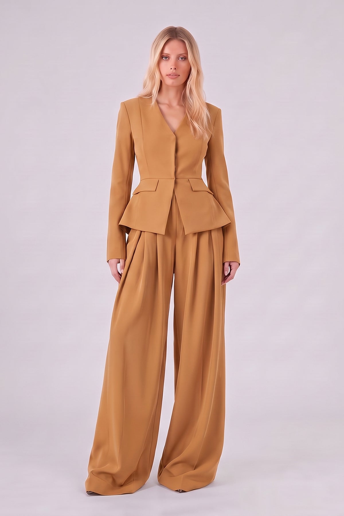 Camel Set with Structured Peplum Blazer and Pleated Wide-Leg Trousers