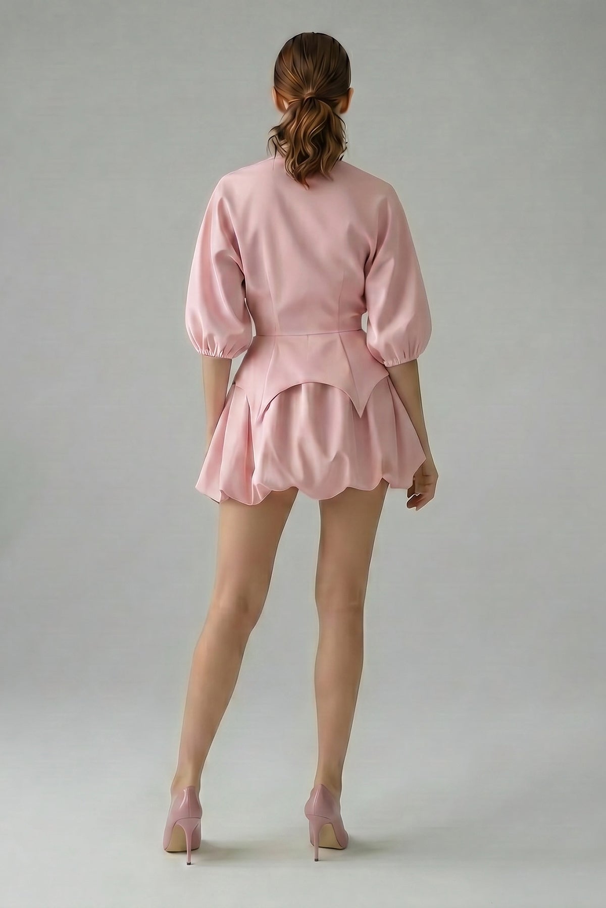 Pink set with structured top and balloon mini skirt
