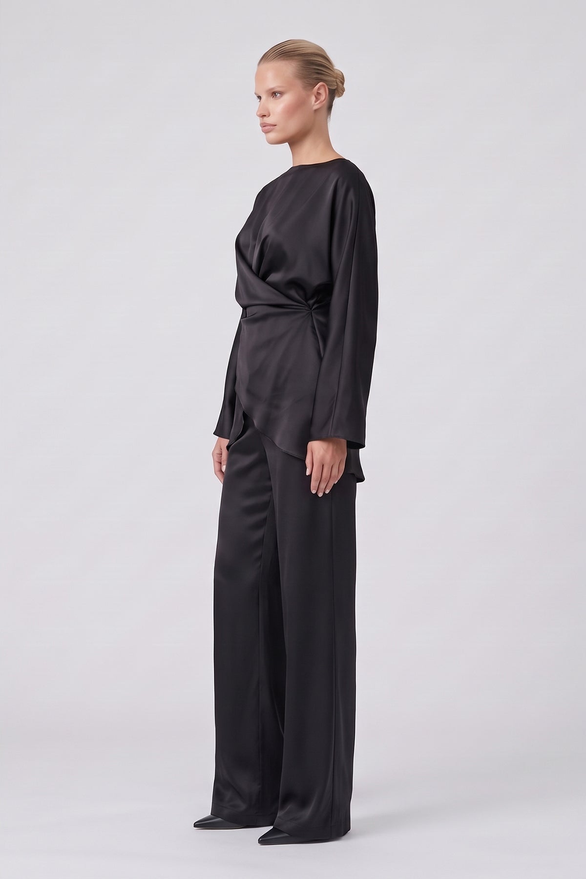Black Satin Draped Top & Wide-Leg Trousers Set
