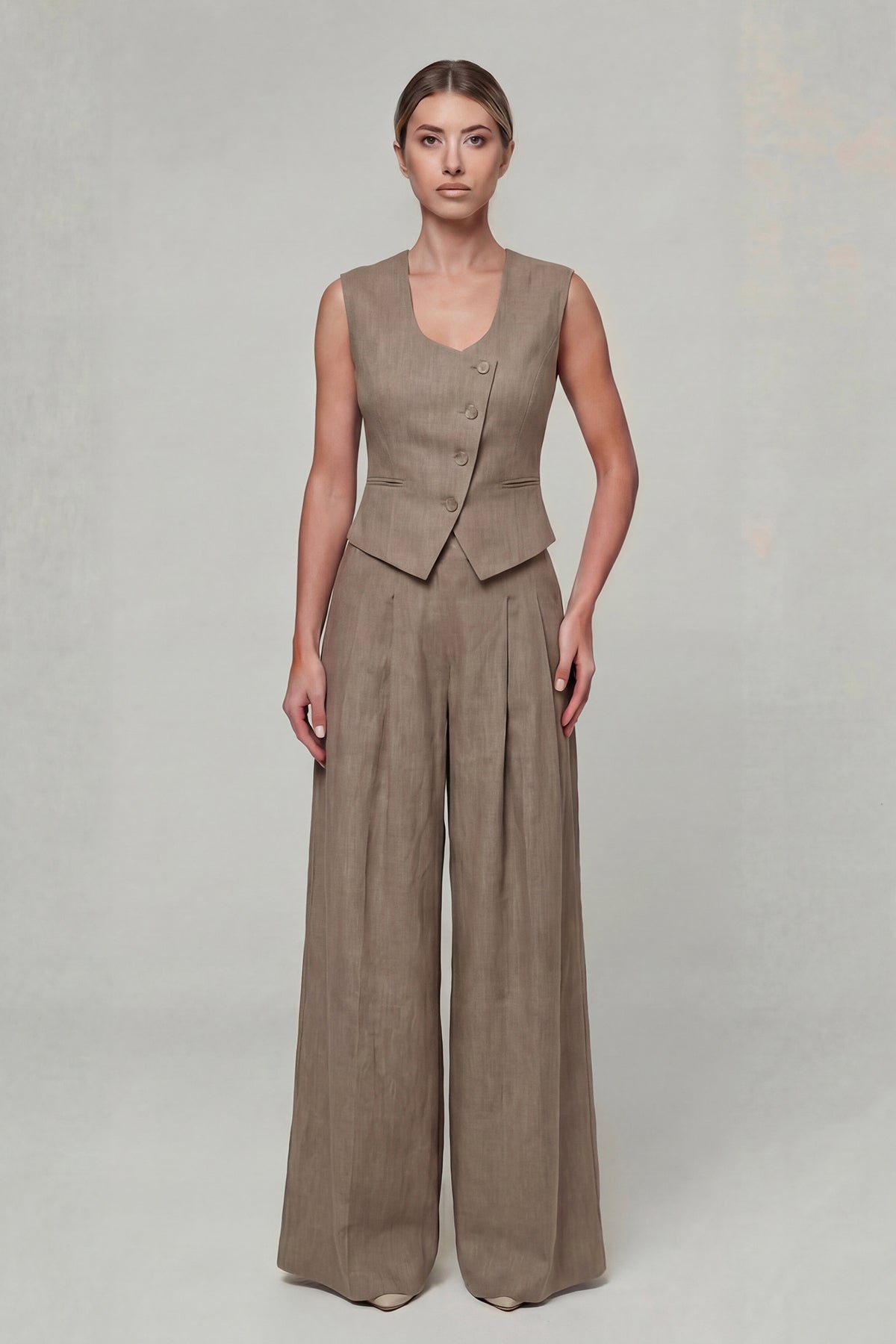 Grey Linen Set with Fitted Vest and Wide-Leg Trousers