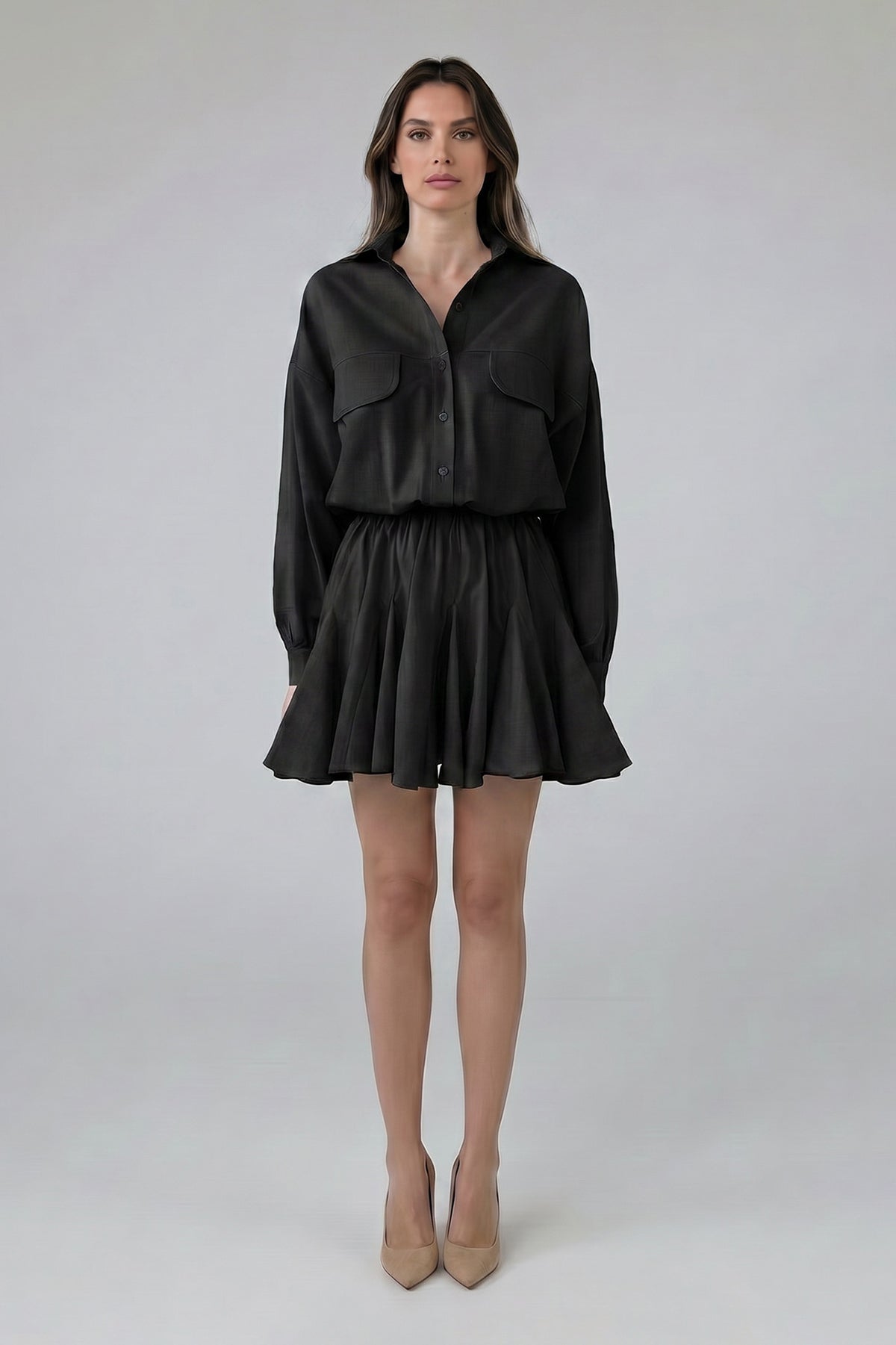 Black Linen Mini Shirt Dress with Elastic Waist