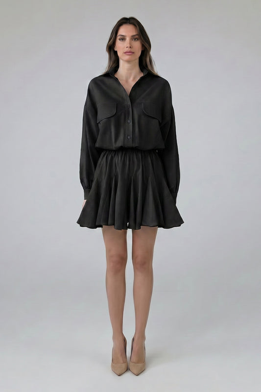 Black Linen Mini Shirt Dress with Elastic Waist