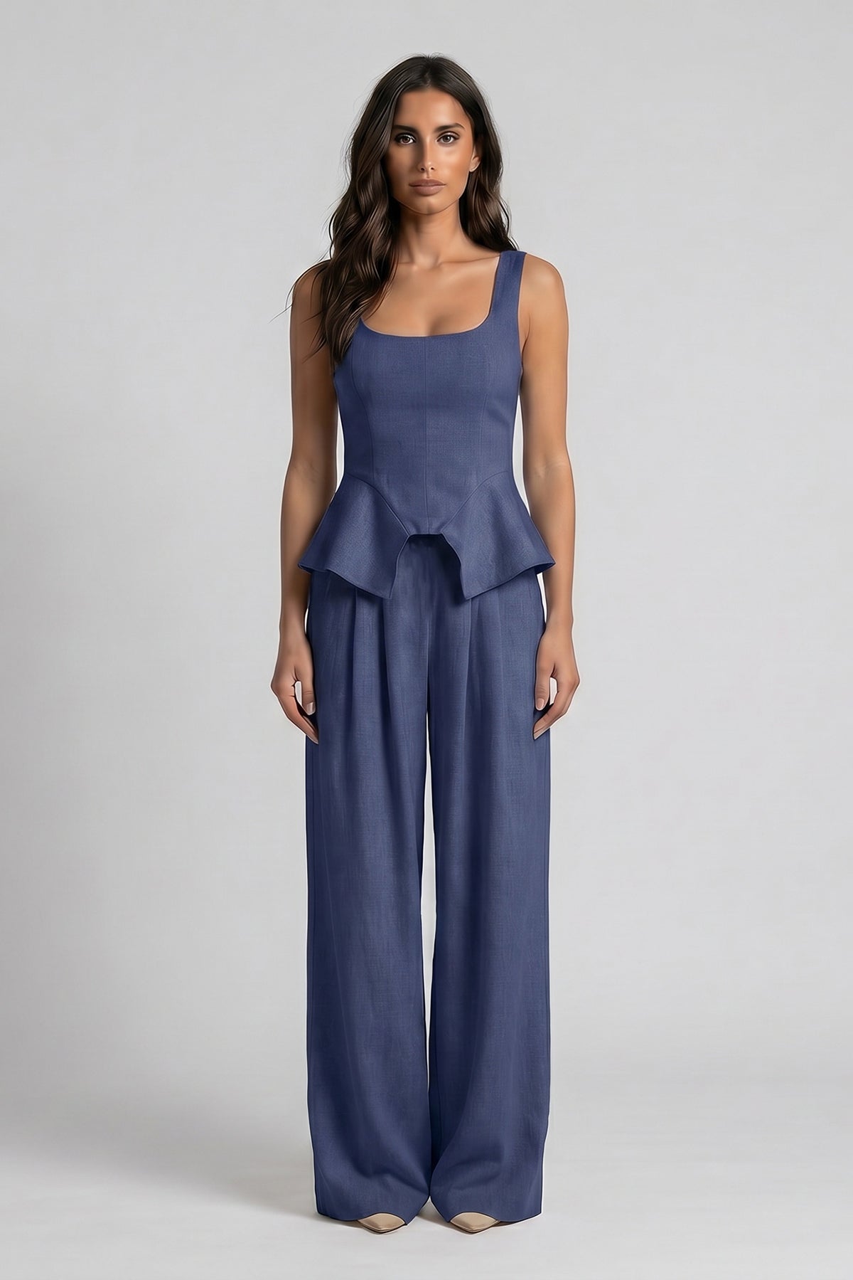 Navy Blue Linen-Style Set with Wide Legs