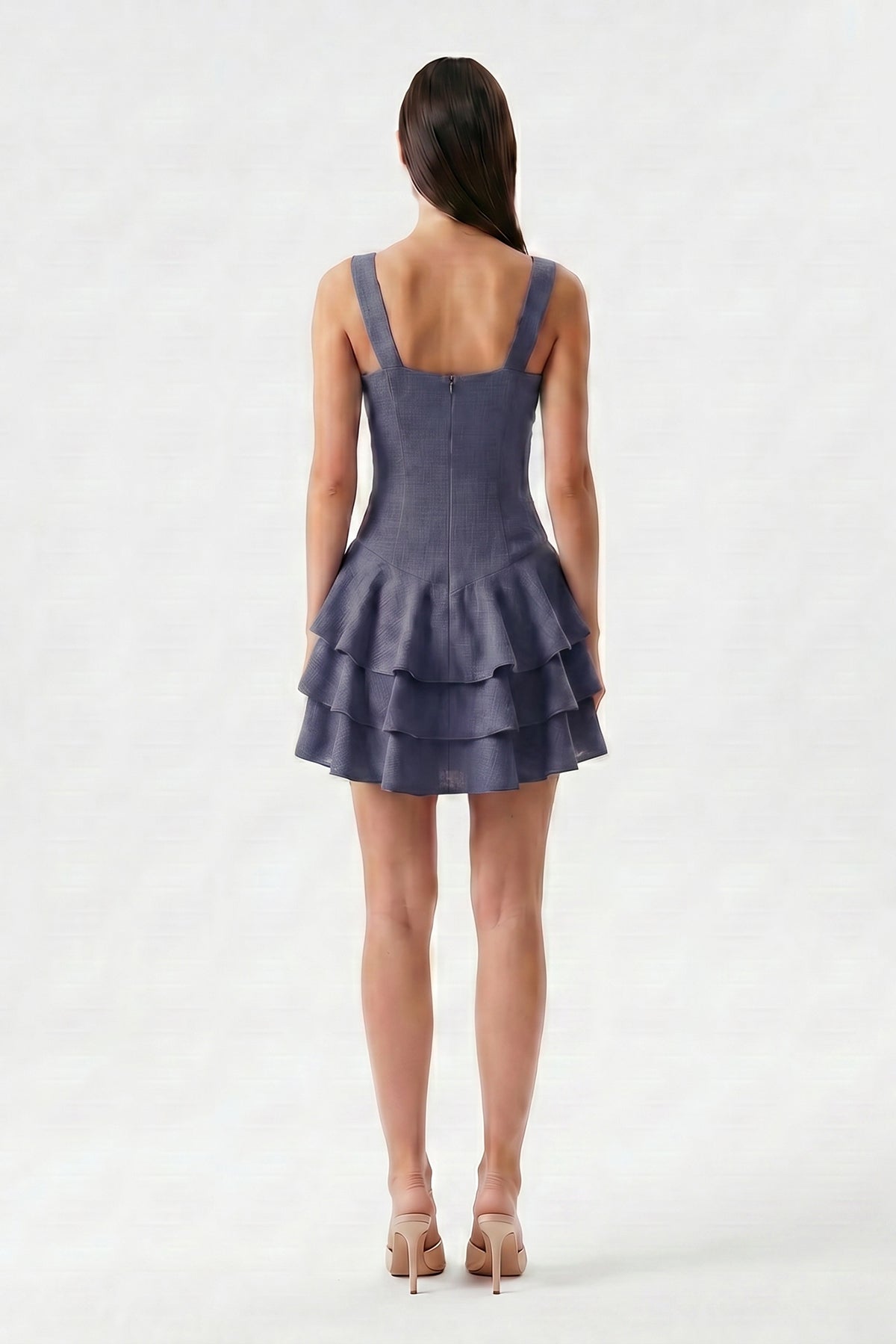 Navy linen mini dress with fitted silhouette and layered ruffle skirt