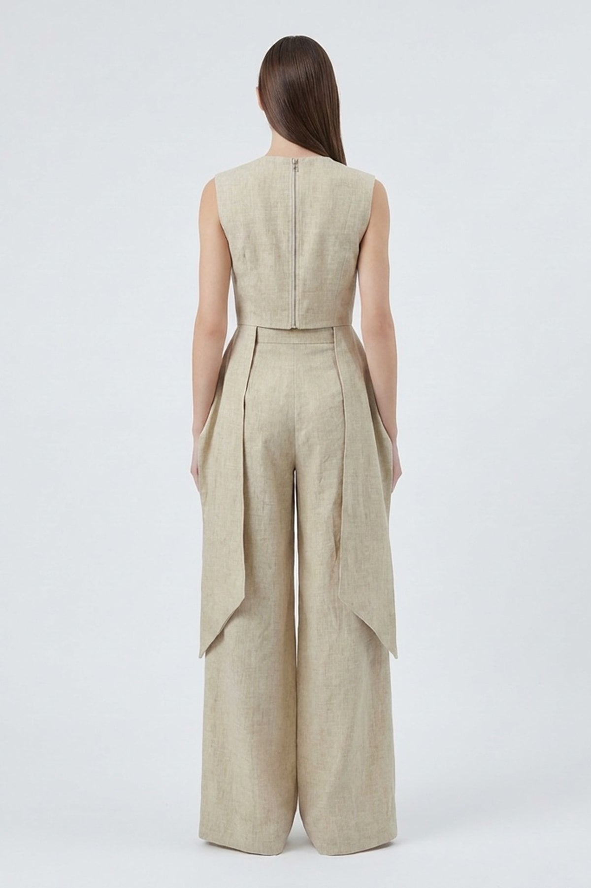Beige Linen Peplum Top & Wide-Leg Trousers Set