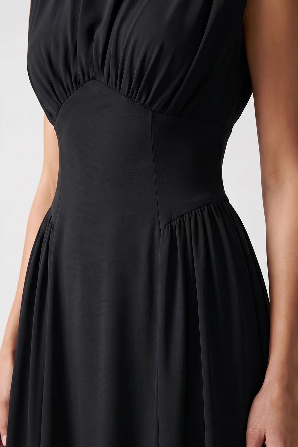 Black midi dress with corset-style waist in fluid viscose fabric