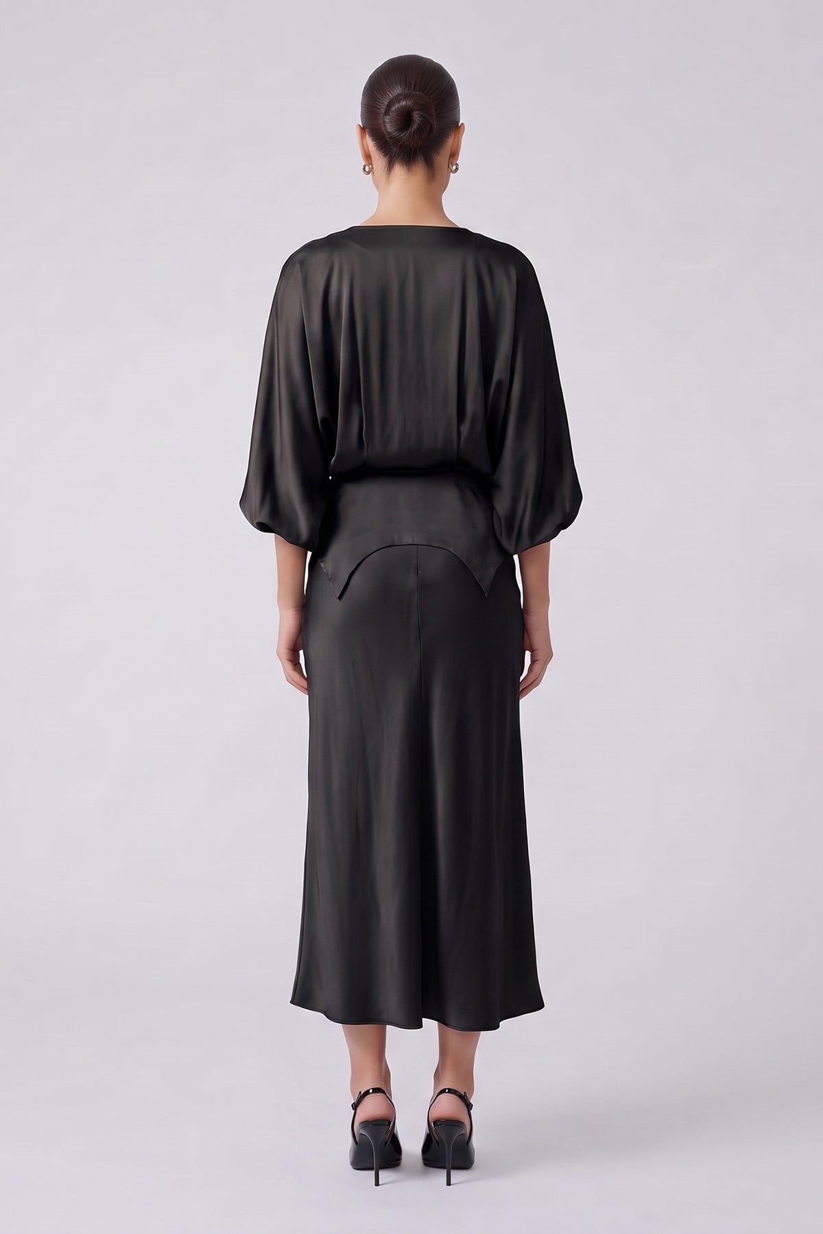 Black Satin Viscose Peplum Blouse & Midi Skirt Set
