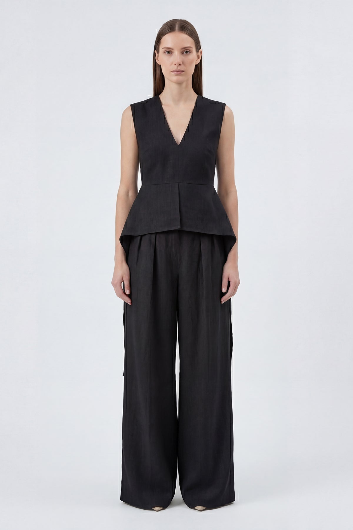 Black Linen Peplum Top & Wide-Leg Trousers Set