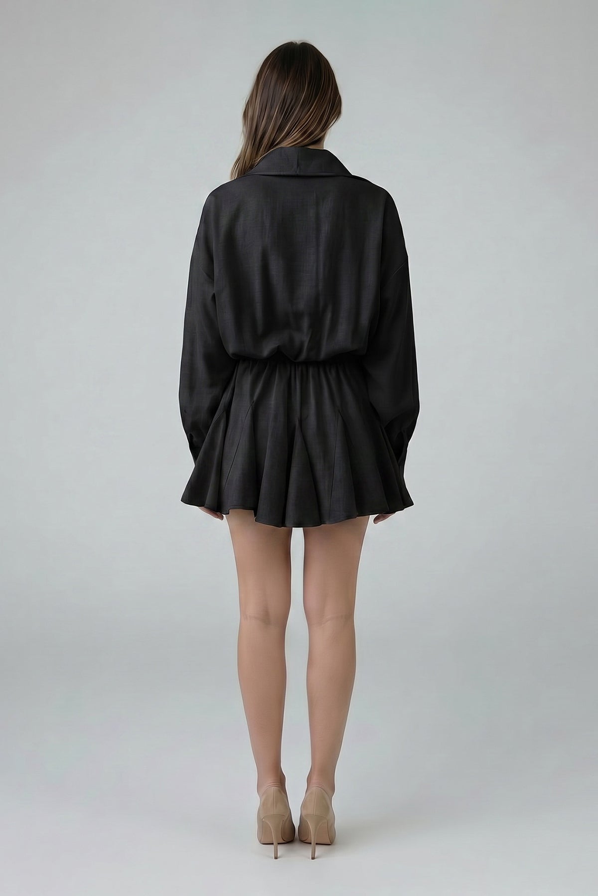 Black Linen Mini Shirt Dress with Elastic Waist