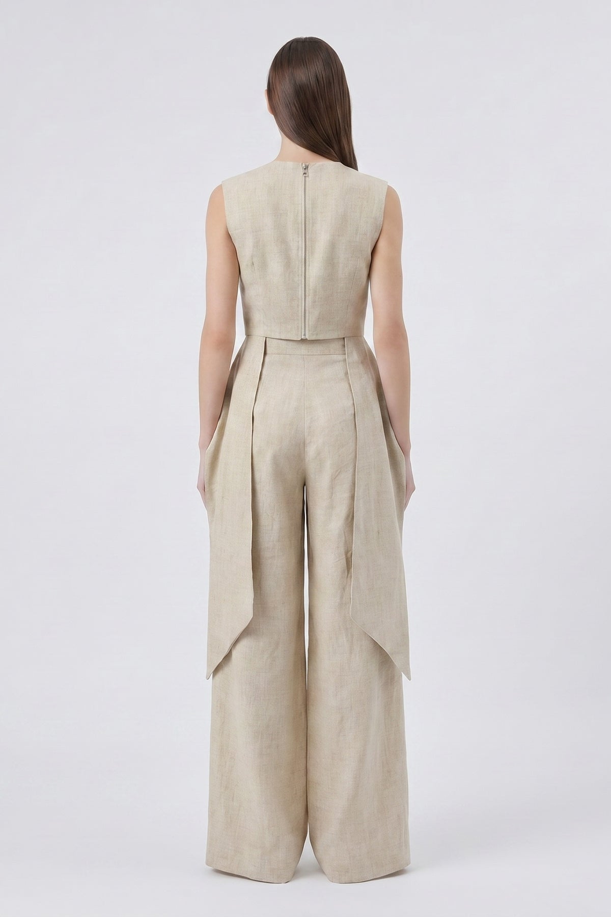 Set din in ivoire cu top peplum și pantaloni wide-leg