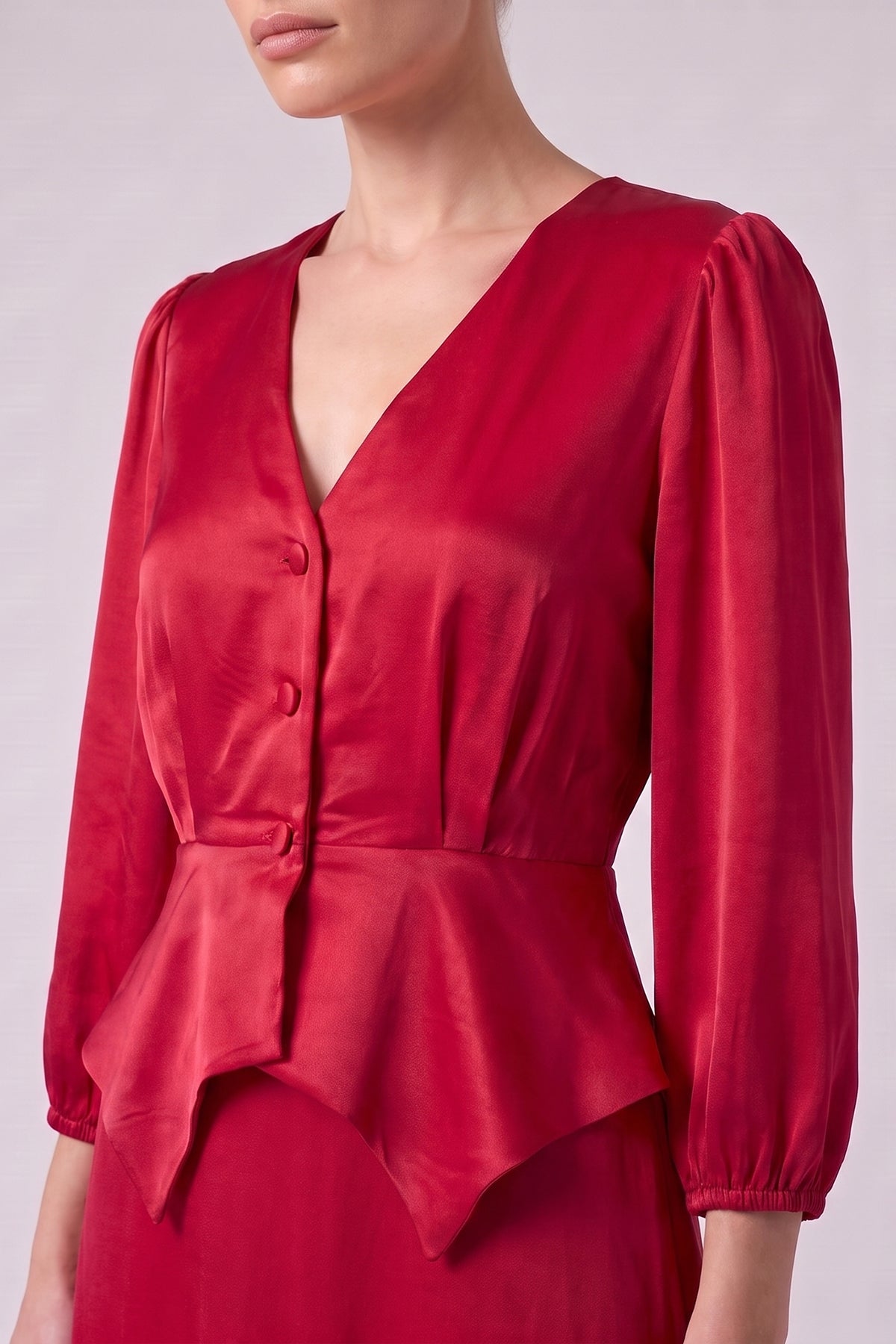 Red Satin Viscose Peplum Blouse & Midi Skirt Set