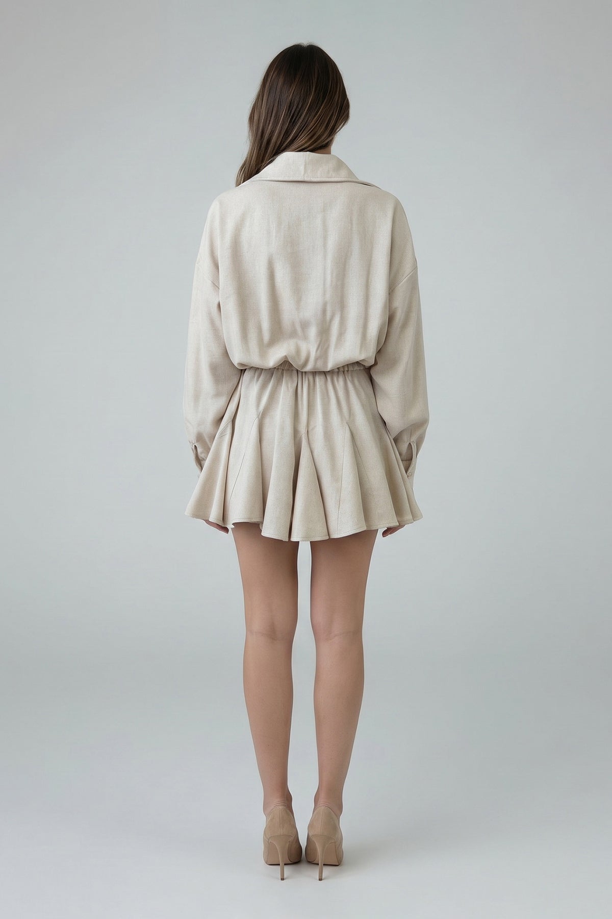 Beige Linen Mini Shirt Dress with Elastic Waist