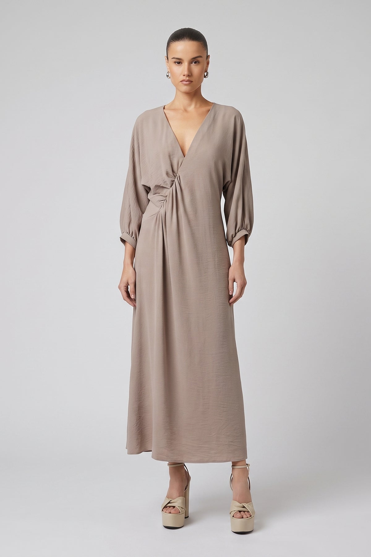 Beige Maxi Dress in Viscose Blend with V-Neck and Draped Waist