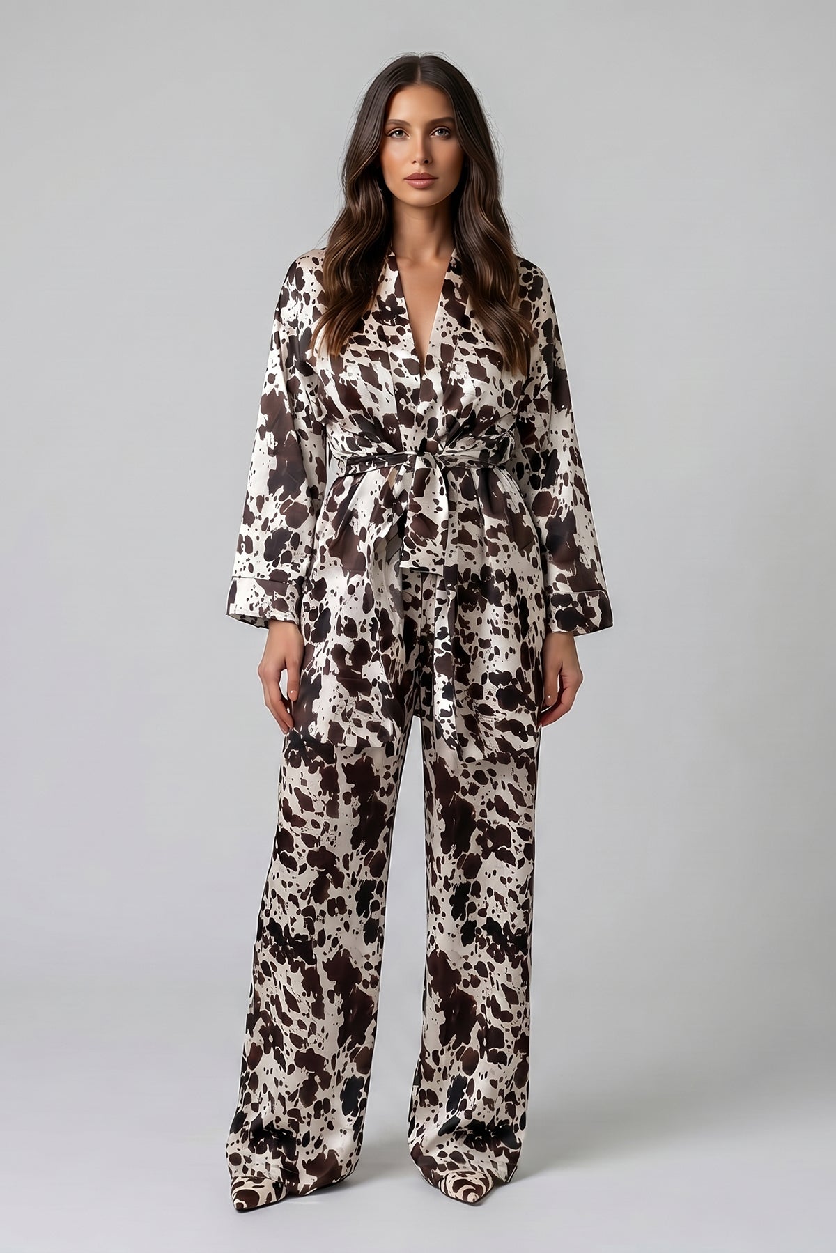Cow Print Kimono and Pants Set