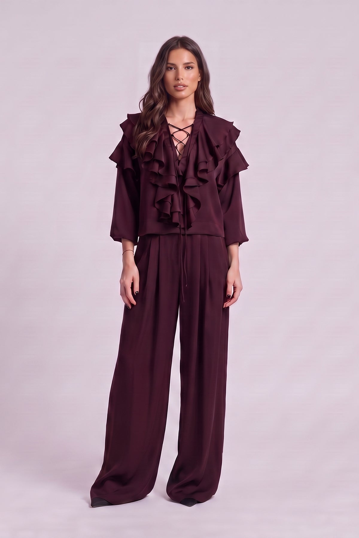 Set fluid cu bluză cu volane din vâscoză  – Burgundy