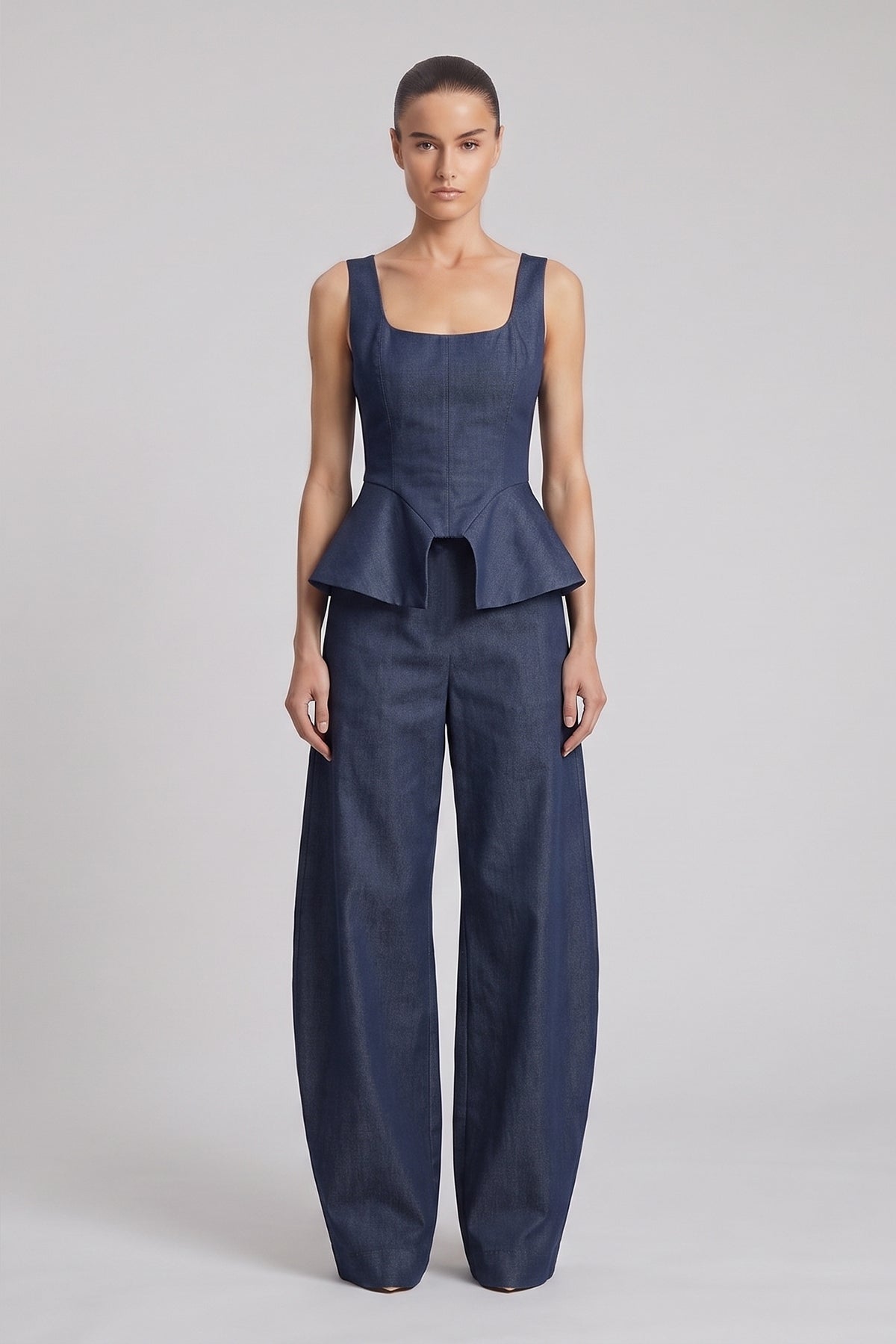 Denim Structured Corset & Balloon Trousers Set - Navy
