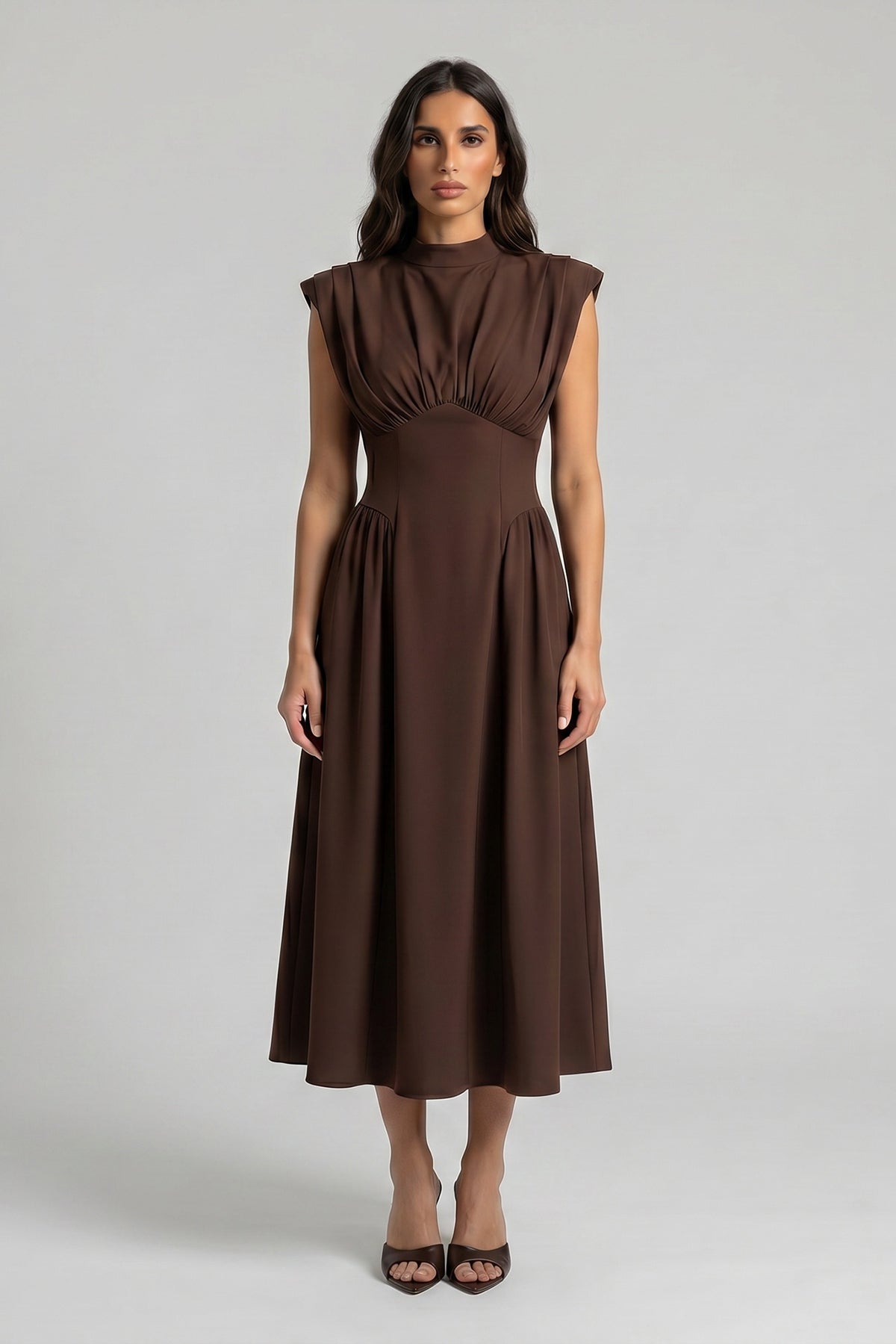 Brown midi dress with corset-style waist in fluid viscose fabric