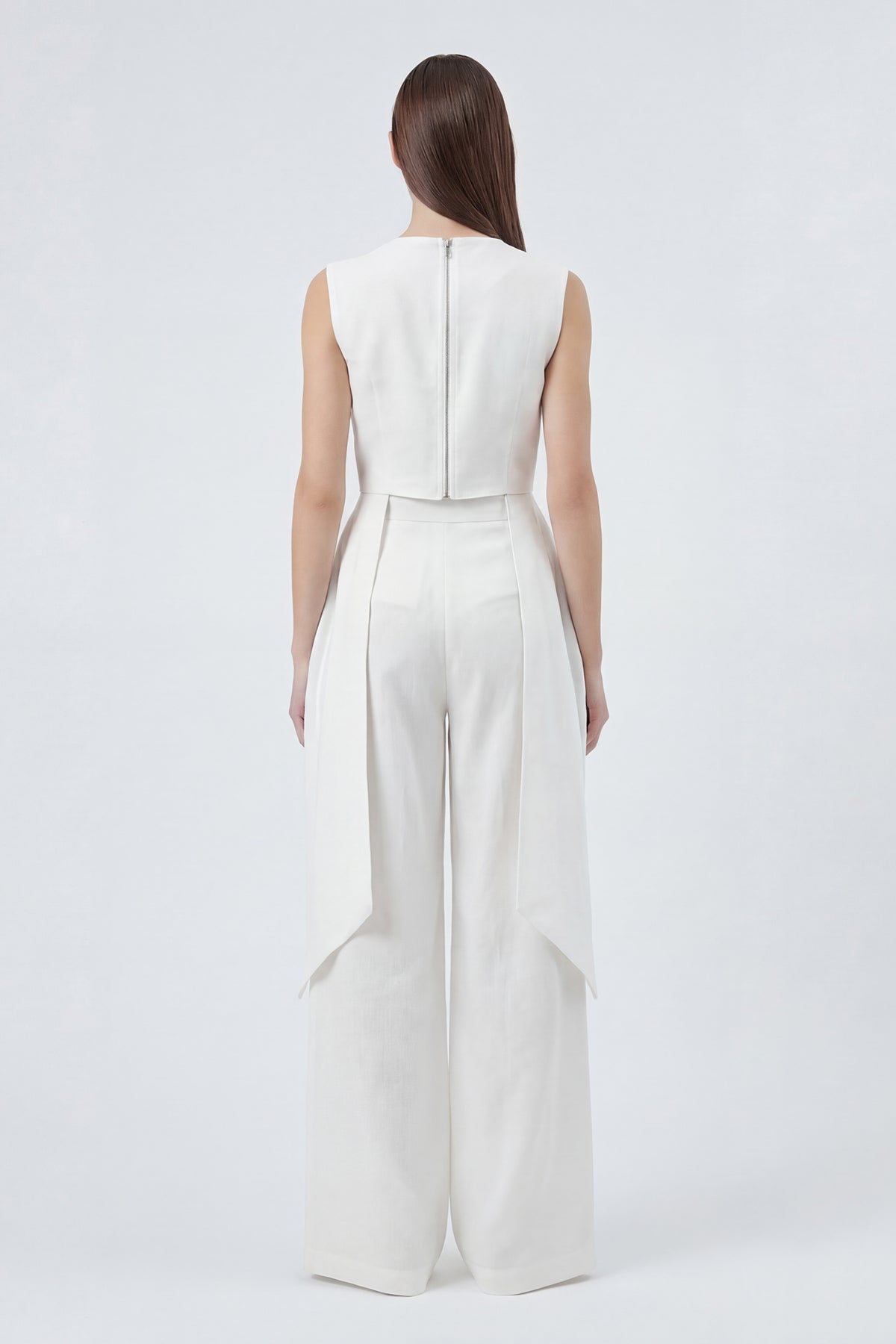 White Linen Peplum Top & Wide-Leg Trousers Set