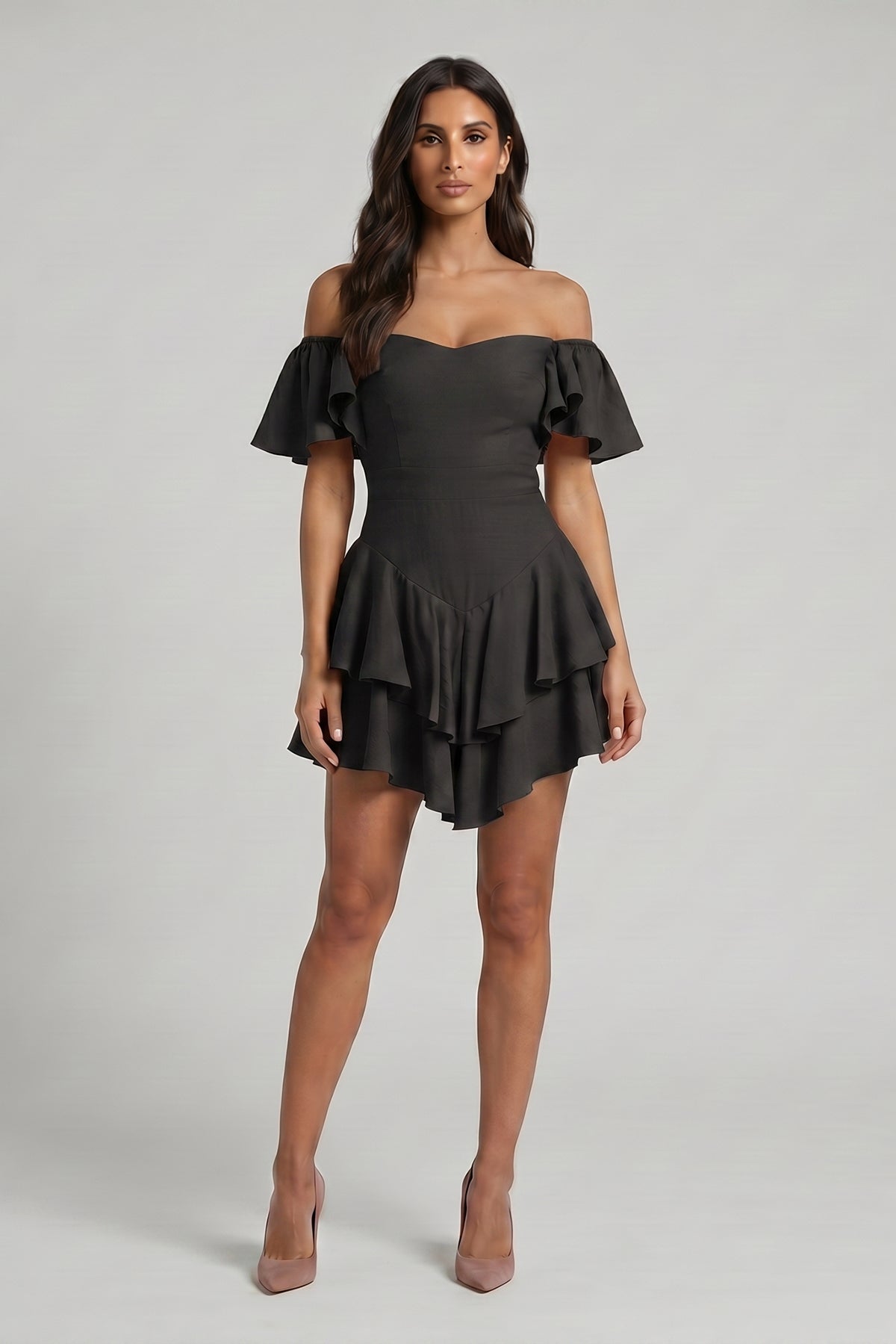 Black Off-The-Shoulders Cambered Dress with Ruffles
