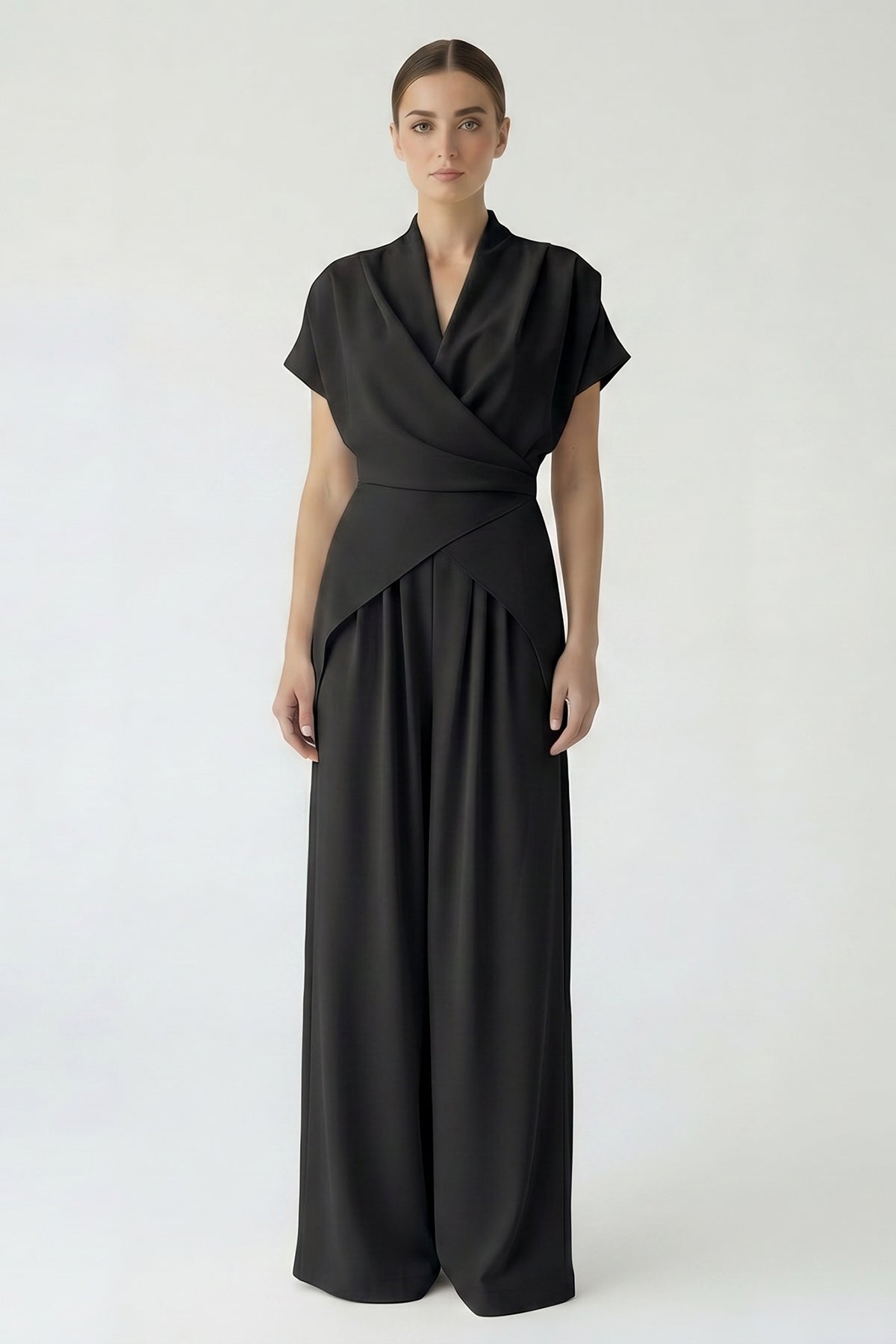 Black fluid set with a wrap top and wide-leg trousers