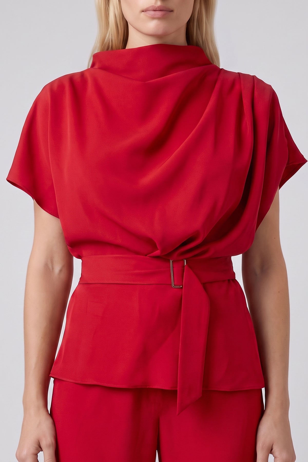Red Set with Draped Top, Defined Waist and Wide-Leg Trousers