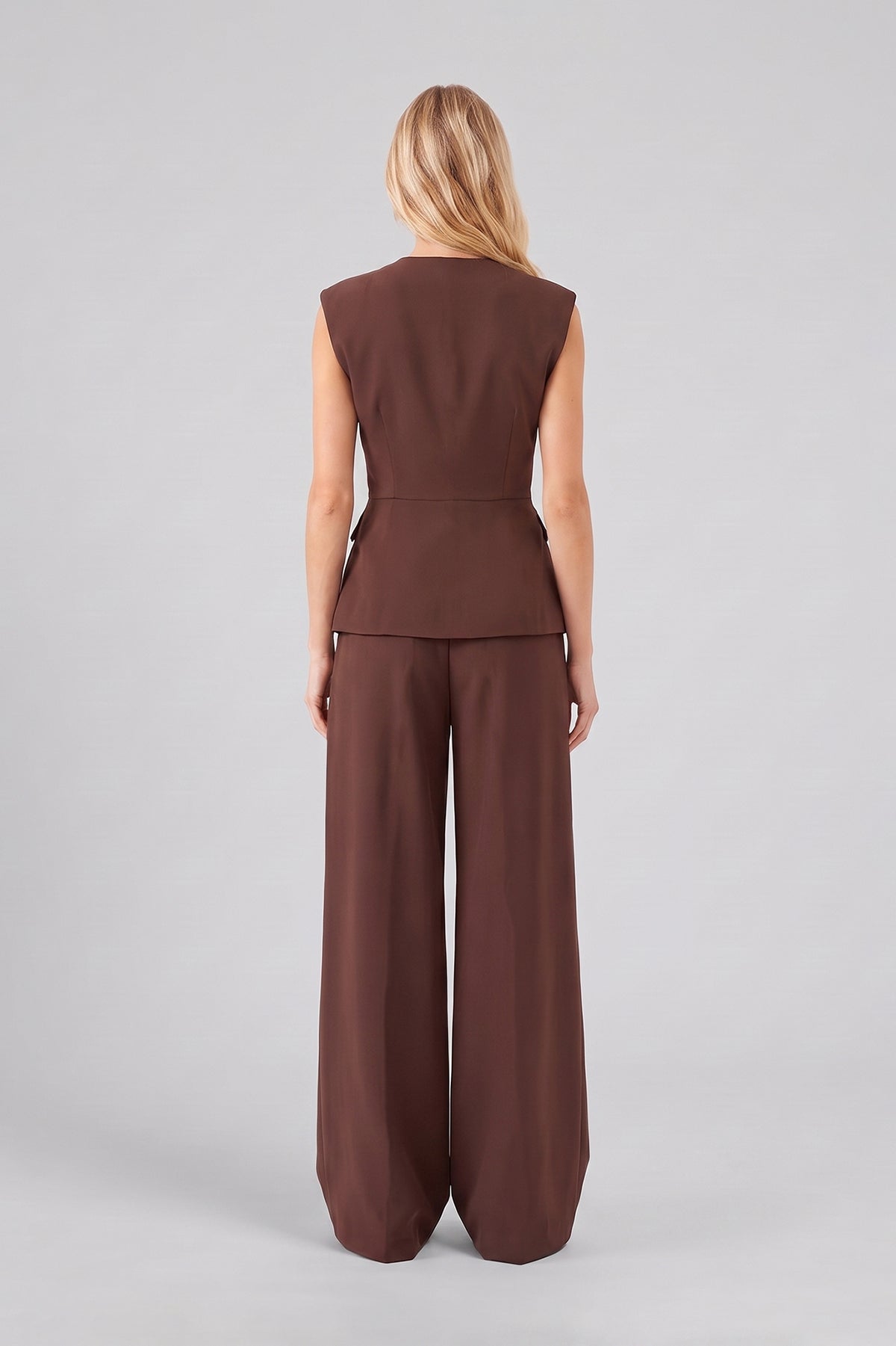 Brown Set with Structured Peplum Vest and Pleated Wide-Leg Trousers