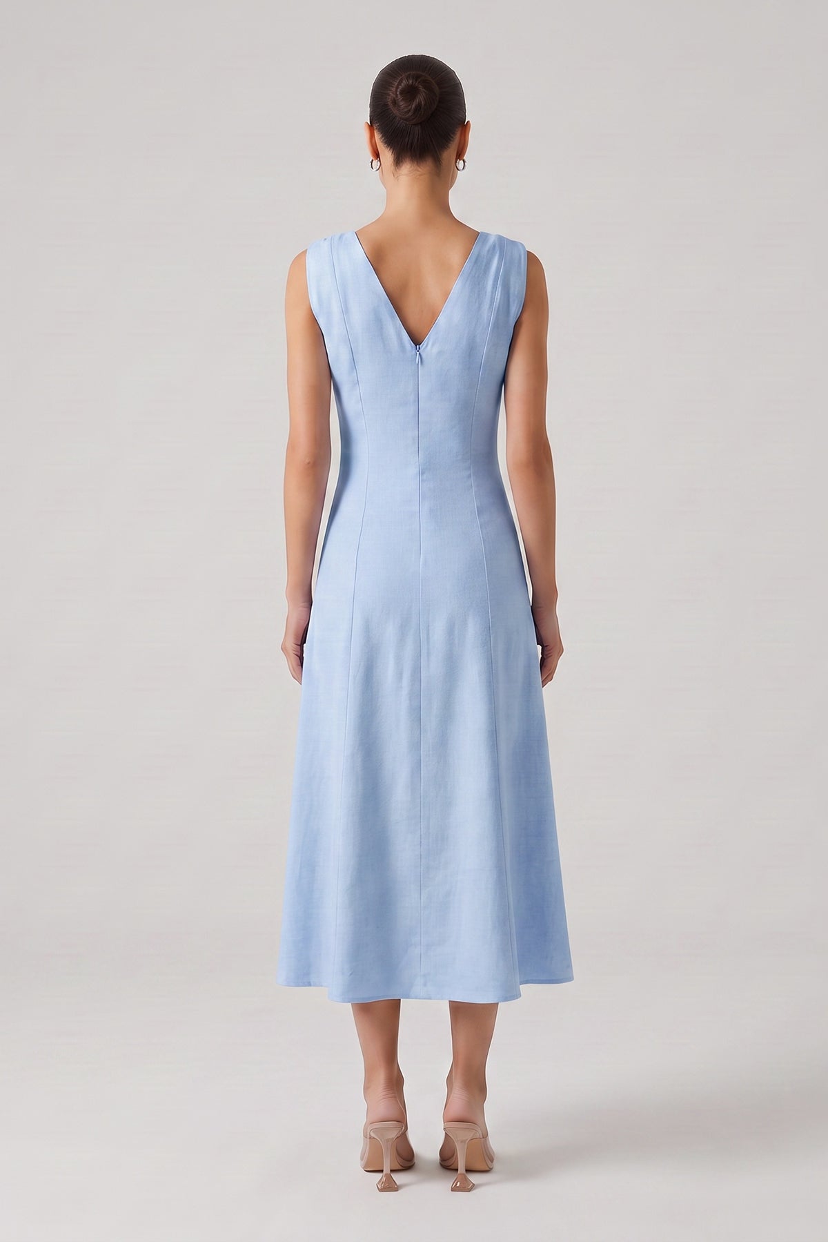 Ocean Blue Linen Midi Dress with V-Neck and Knotted Straps