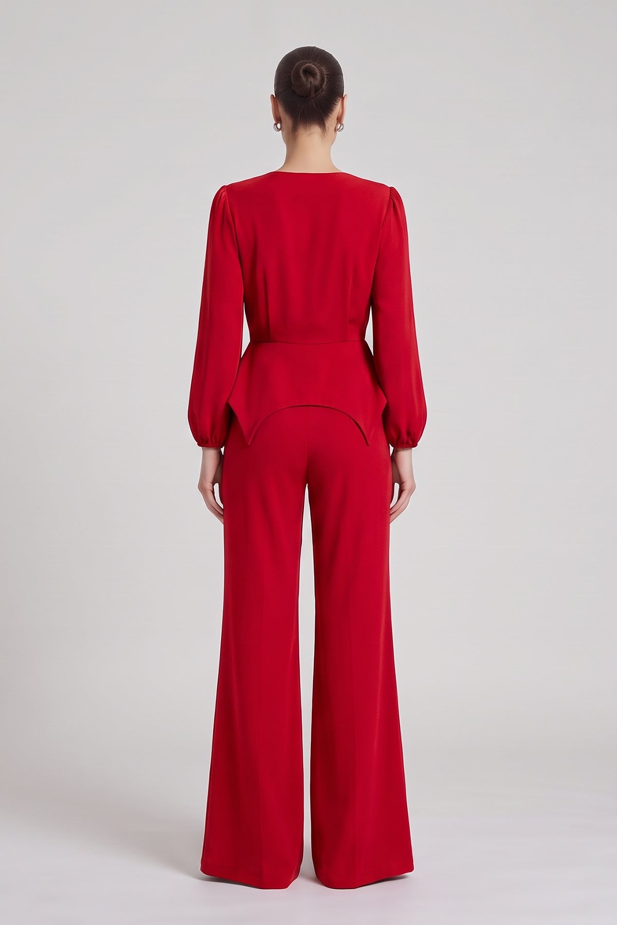 Red Set with Structured Peplum Top and Flared Trousers