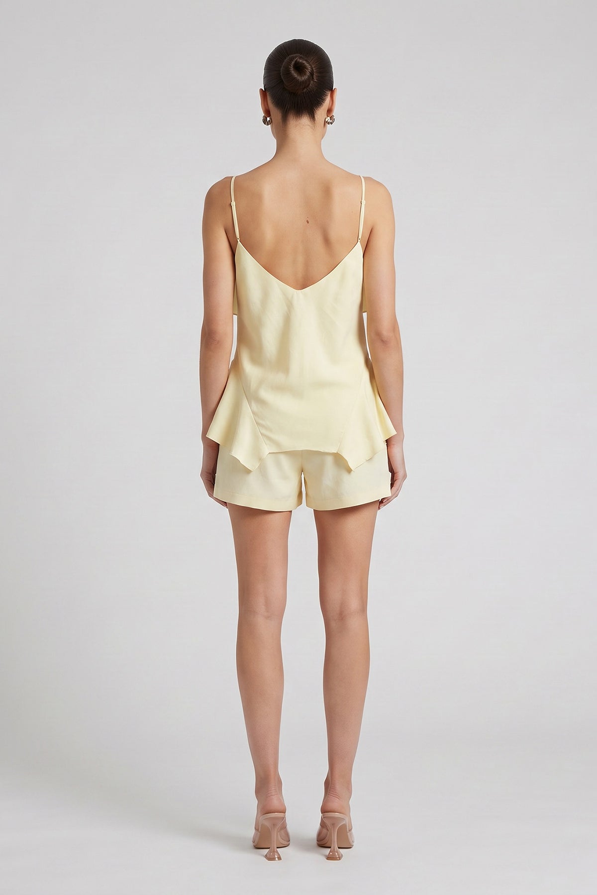 Linen Blend Set with Bermuda Shorts and Ruffled Top – Yellow