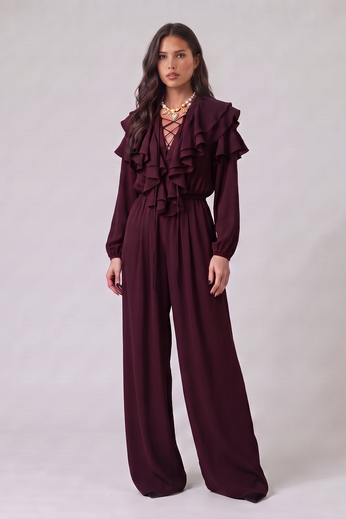 Set fluid cu bluză cu volane din vâscoză  – Burgundy