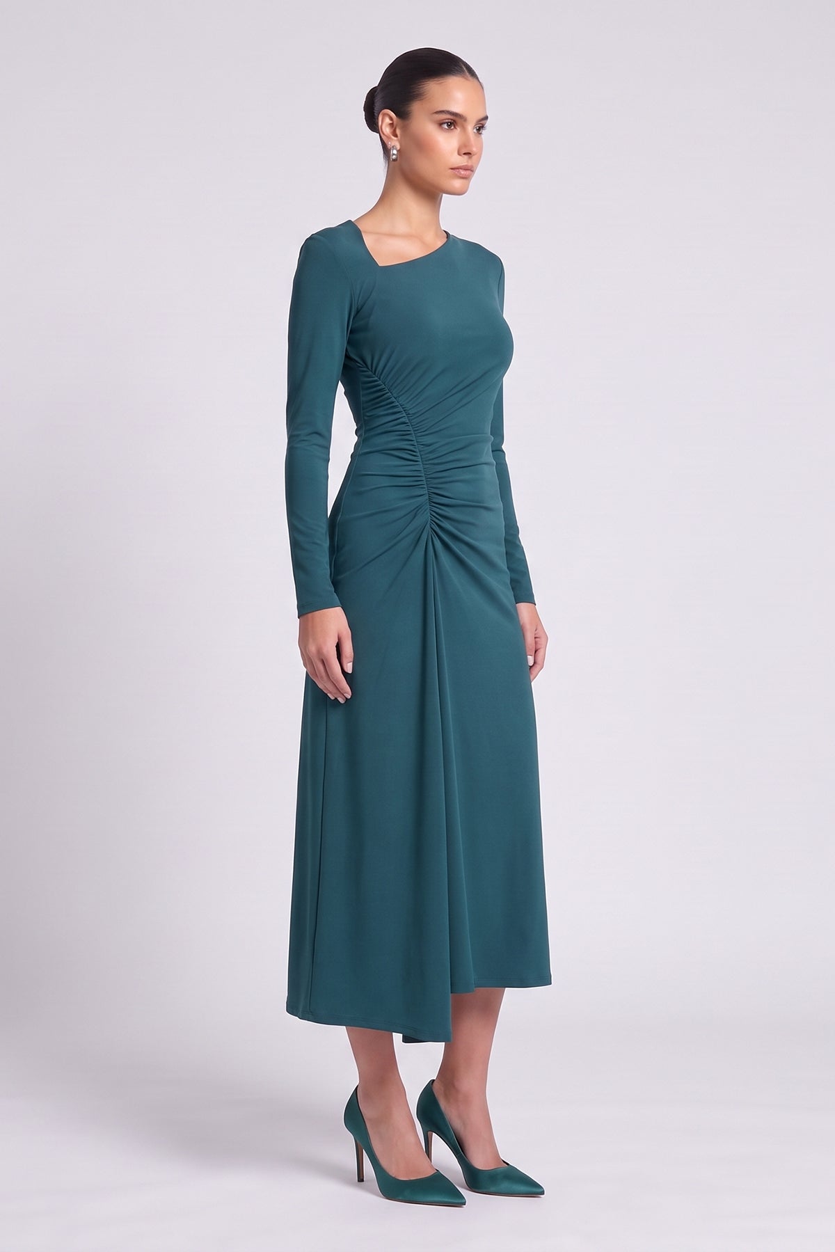 Turquoise Midi Dress with Asymmetric Neckline and Side Draping