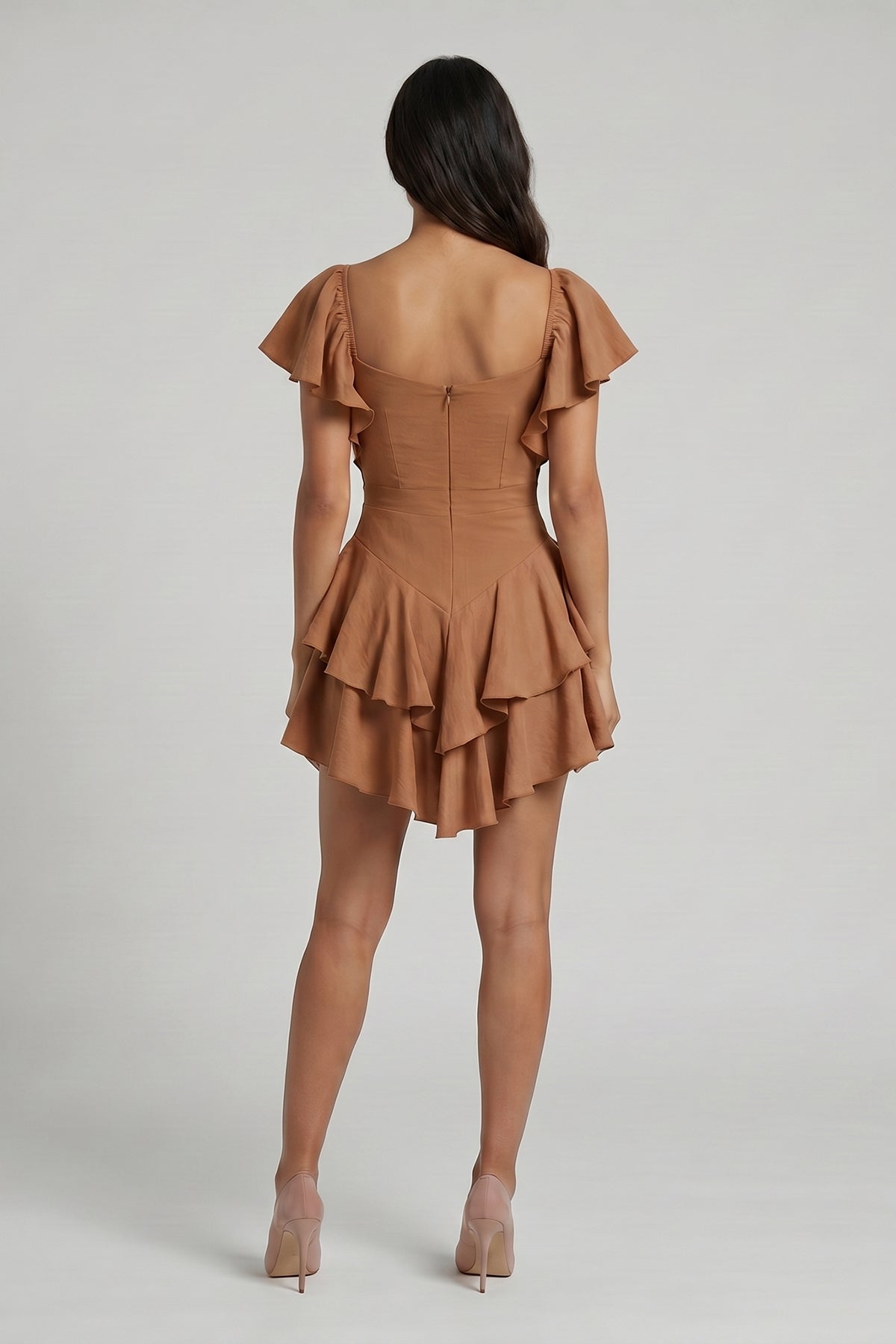 Brown Off-the-shoulders Cambered Dress with Ruffles