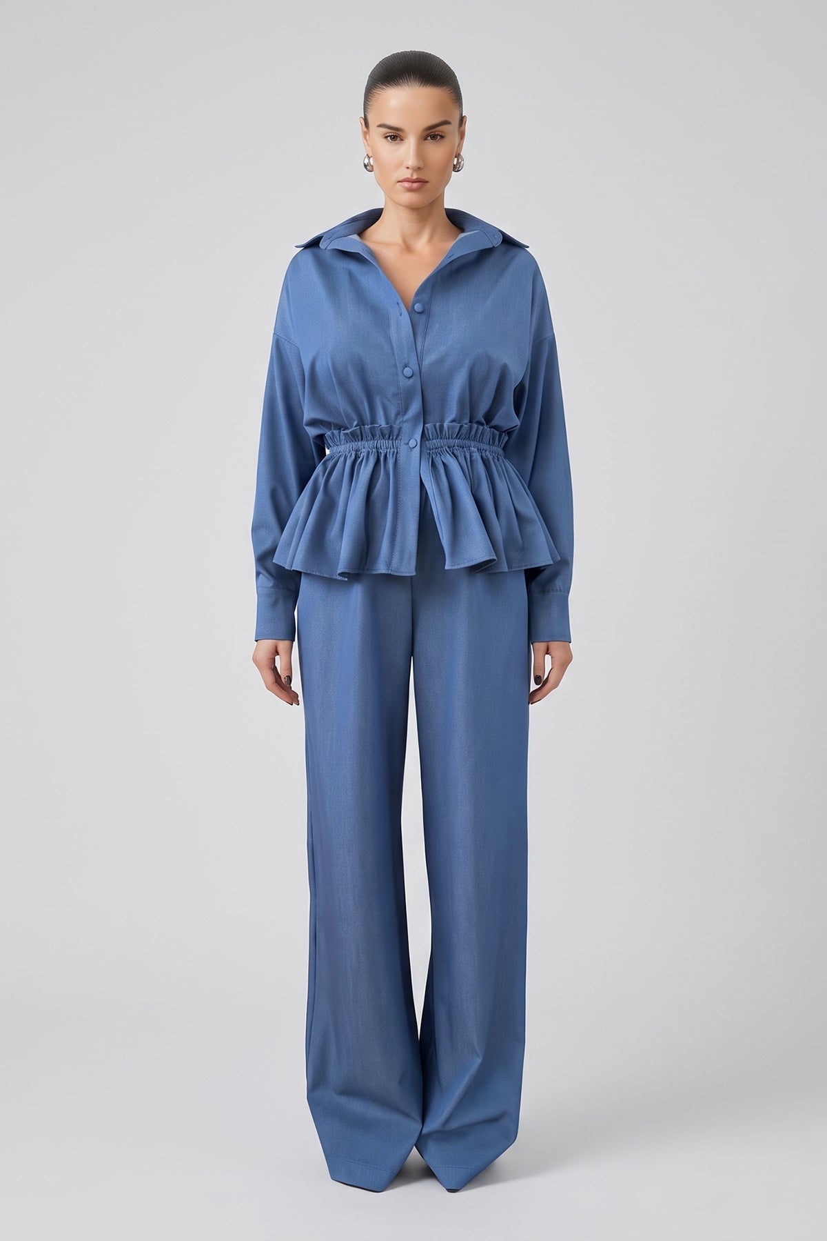 Set albastru din denim cu cămașă peplum și pantaloni wide leg