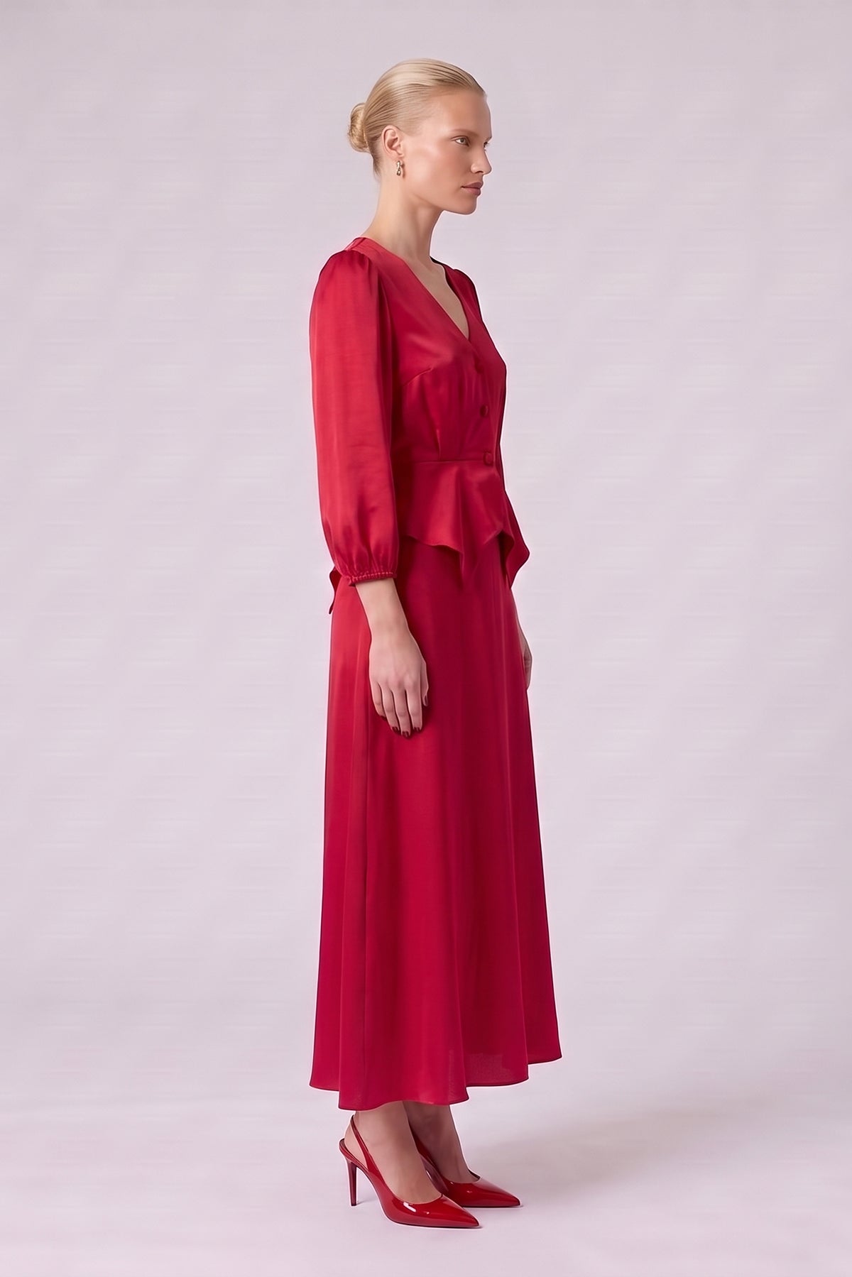 Red Satin Viscose Peplum Blouse & Midi Skirt Set