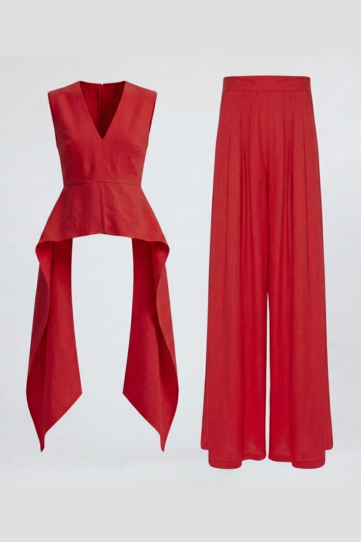 Red Linen Peplum Top & Wide-Leg Trousers Set