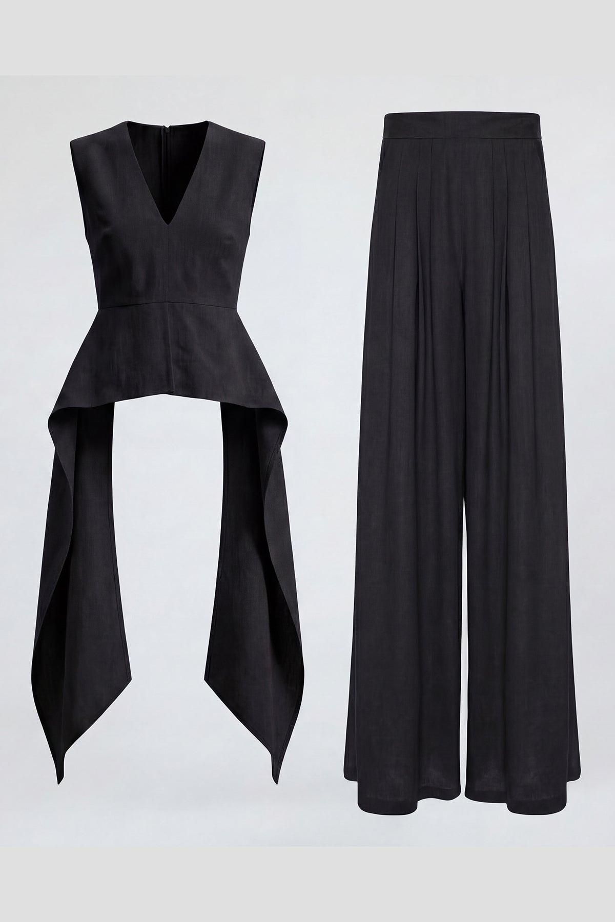 Black Linen Peplum Top & Wide-Leg Trousers Set