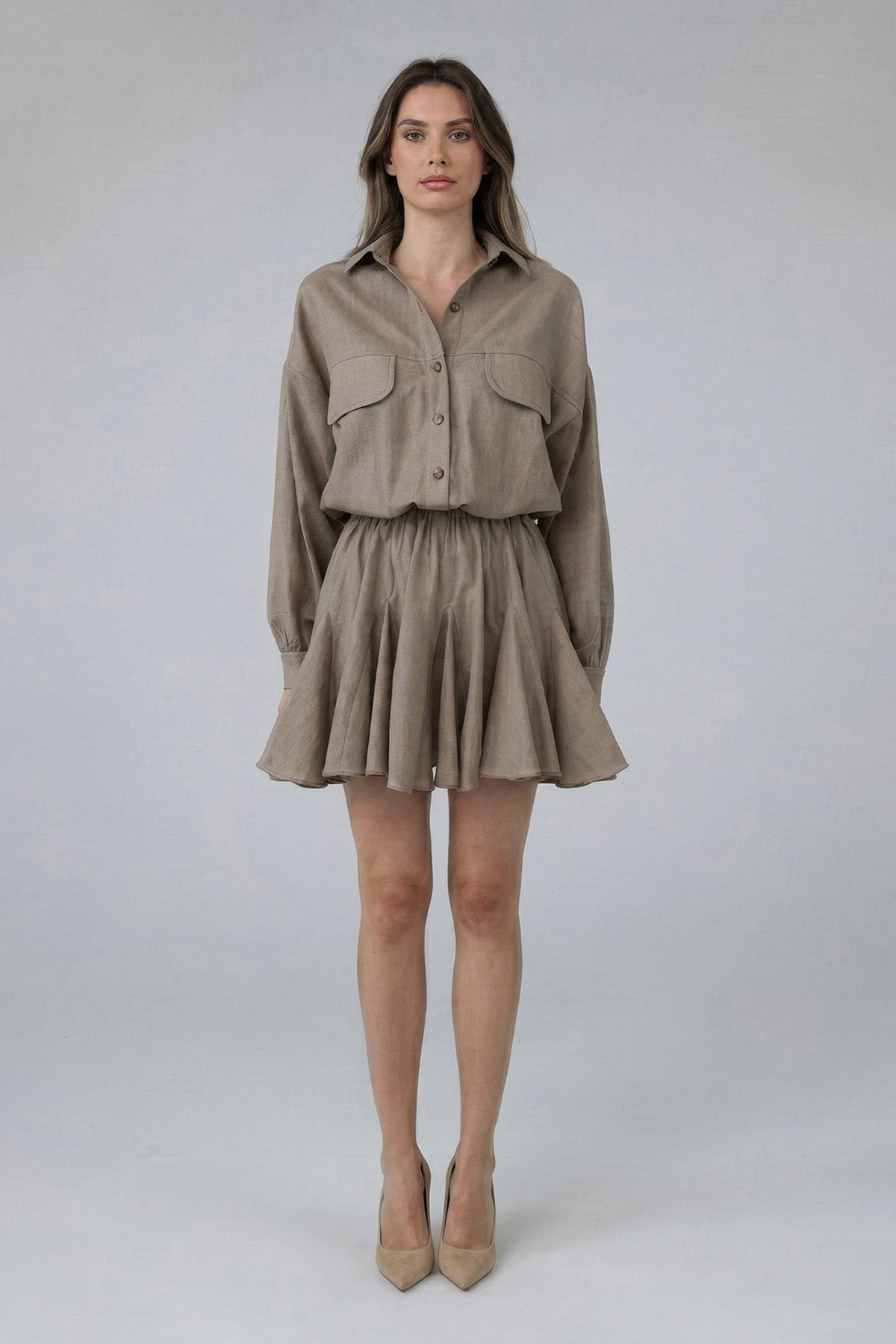 Greige Linen Mini Shirt Dress with Elastic Waist
