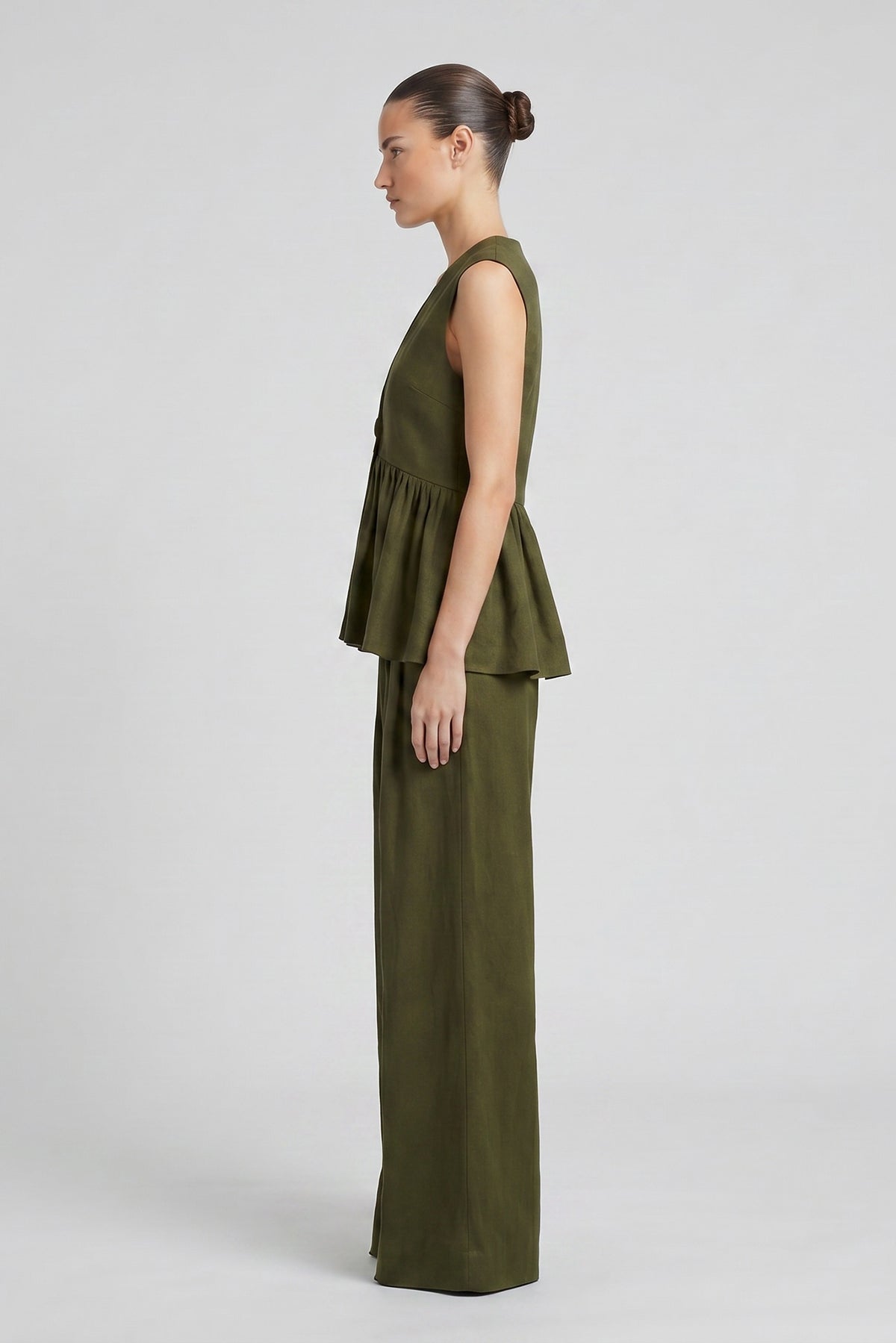 Khaki Linen Set with Gathered Vest and Pleated Wide-Leg Trousers