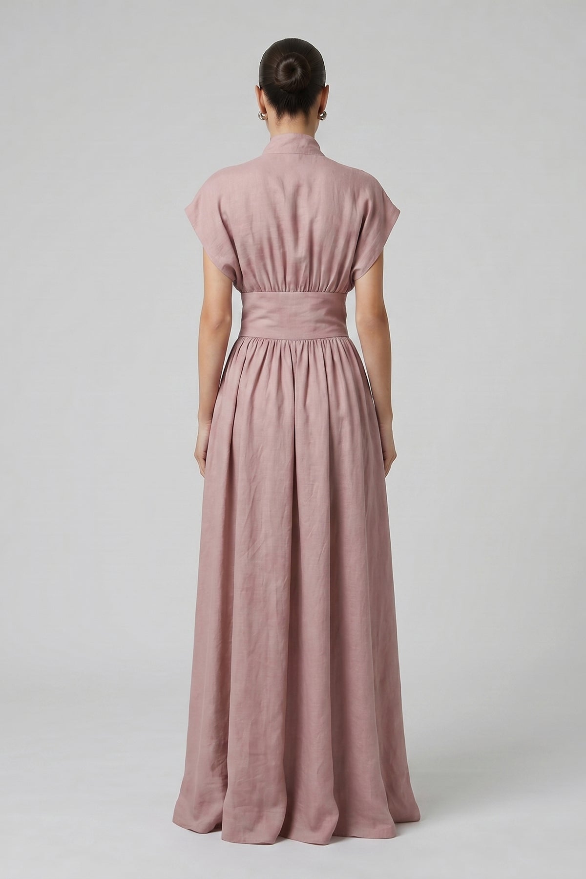 Pink Maxi Dress with Defined Waist and Side Slit