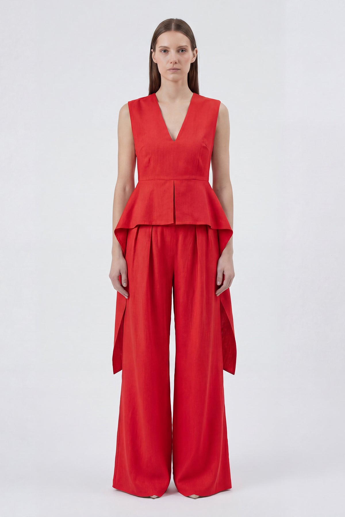 Red Linen Peplum Top & Wide-Leg Trousers Set